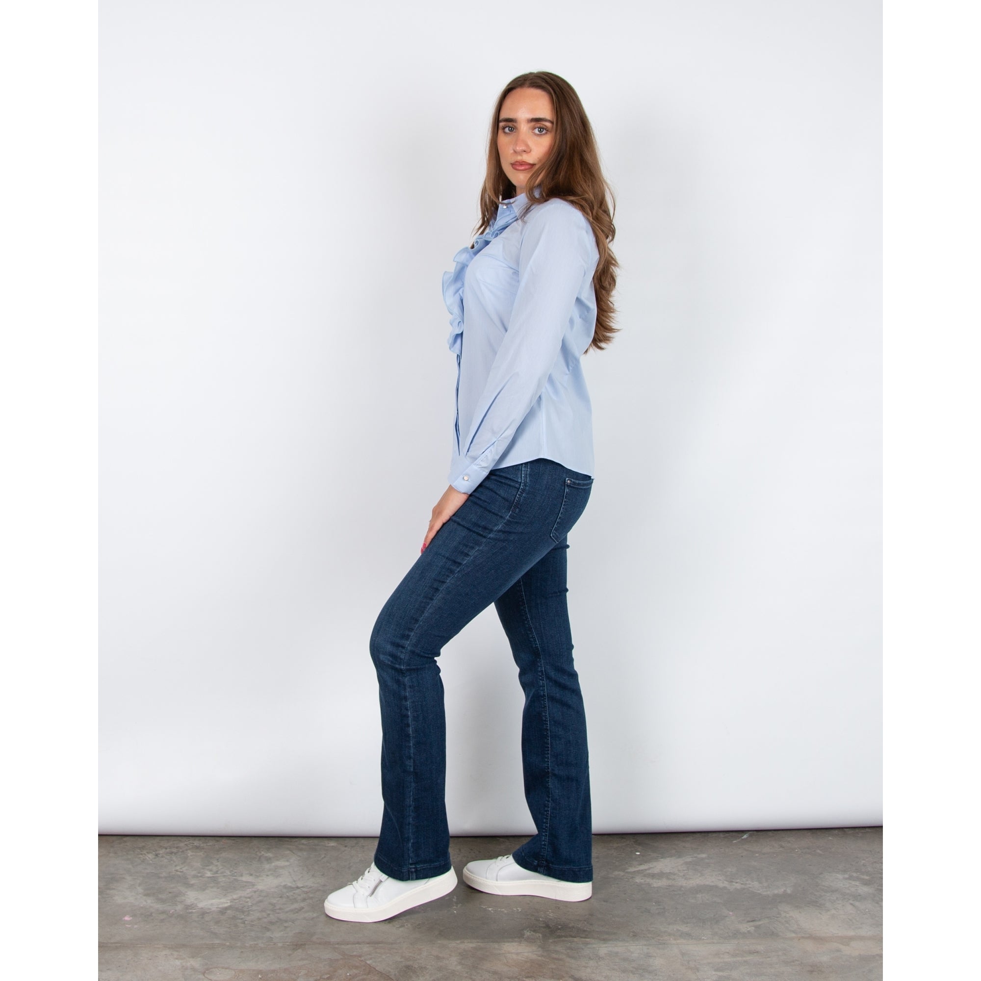 Bariloche Mantis Cotton Stretch Ruffle Front Baby Stripe Shirt Light Blue