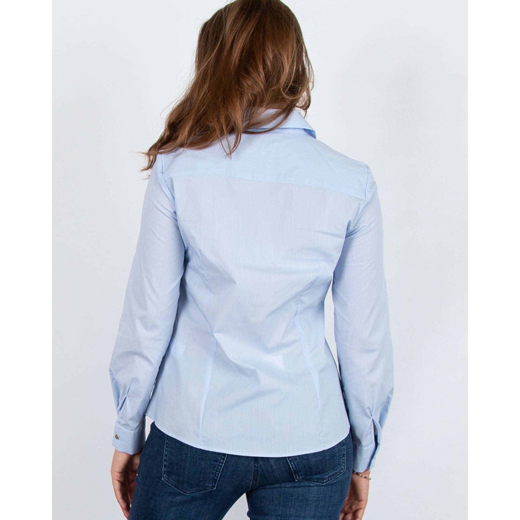 Bariloche Mantis Cotton Stretch Ruffle Front Baby Stripe Shirt Light Blue