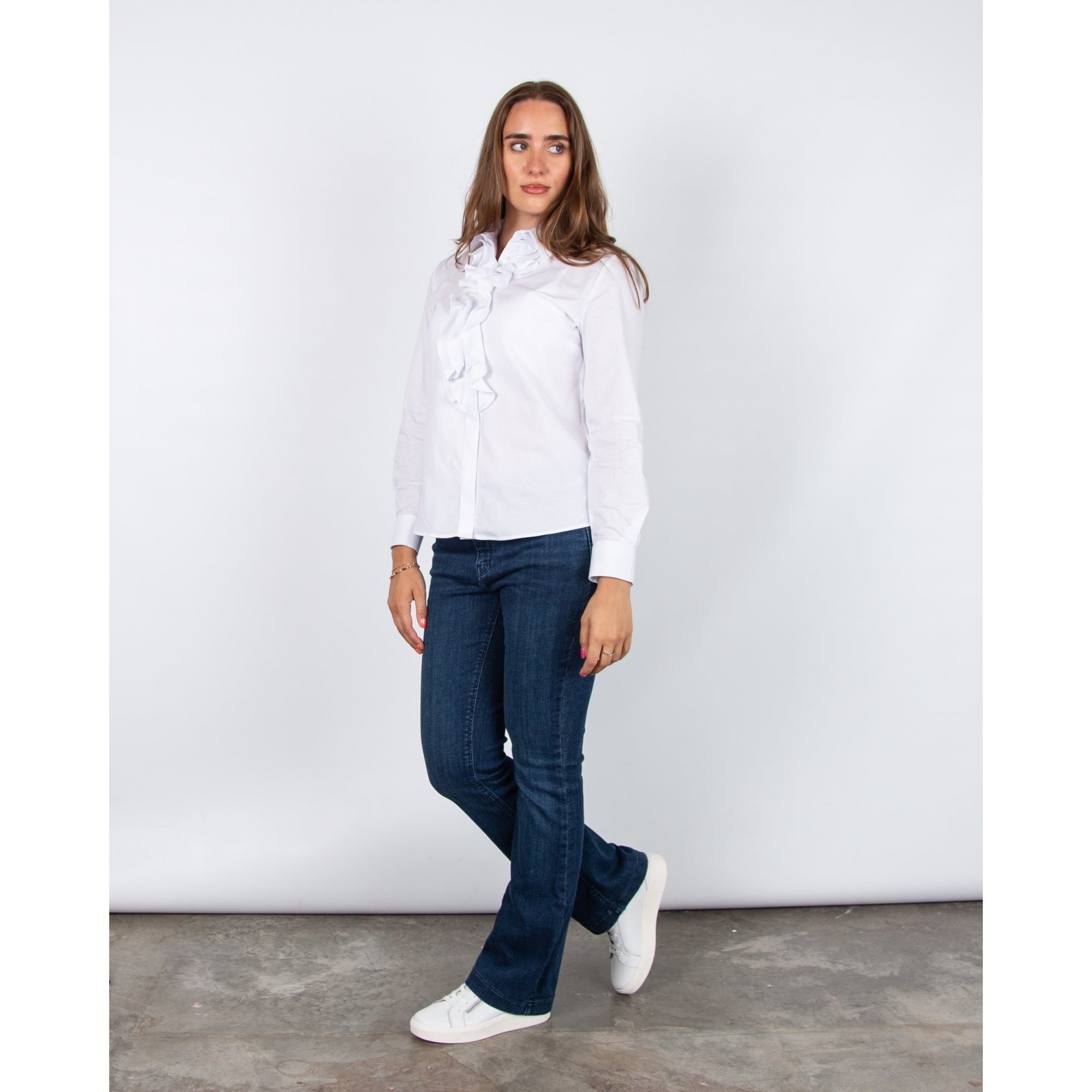 Bariloche Mantis Cotton Stretch Ruffle Front Shirt White