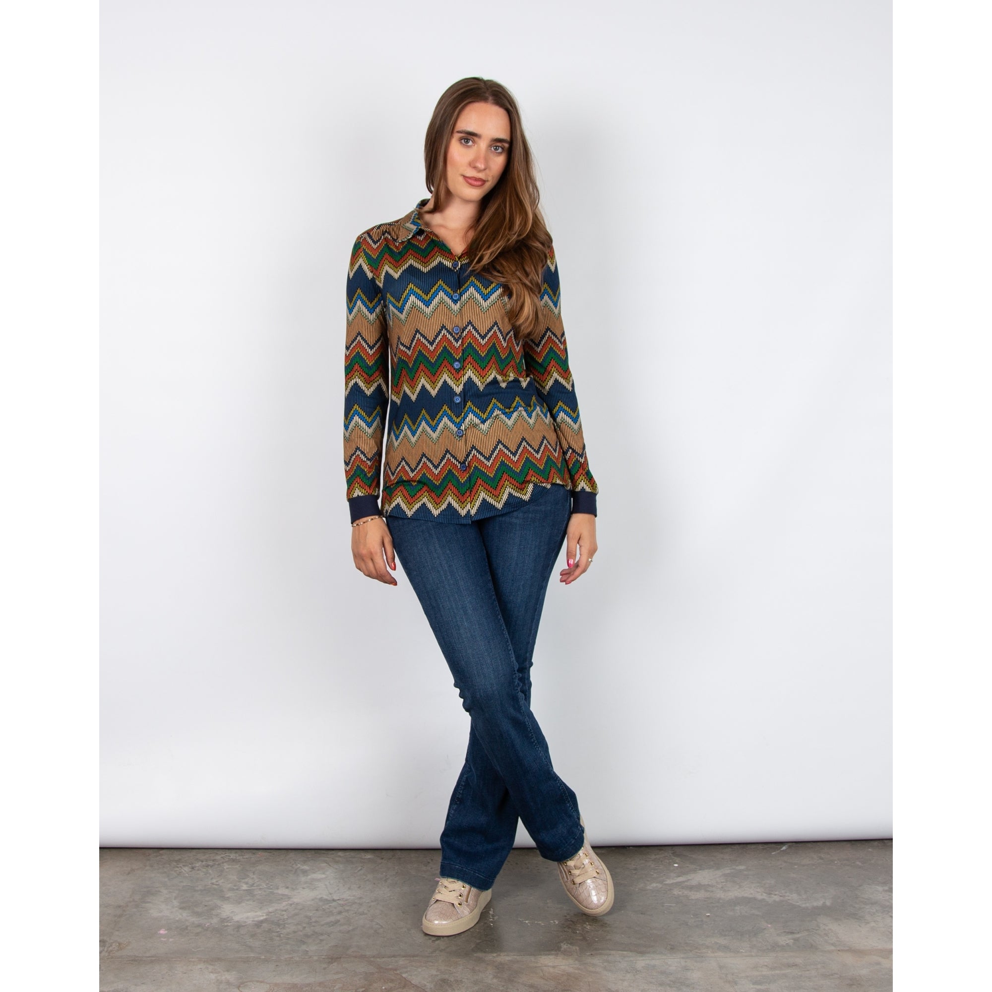 Tinta Style Diora Zigzag Stretch Jersey Shirt Navy/autumnal