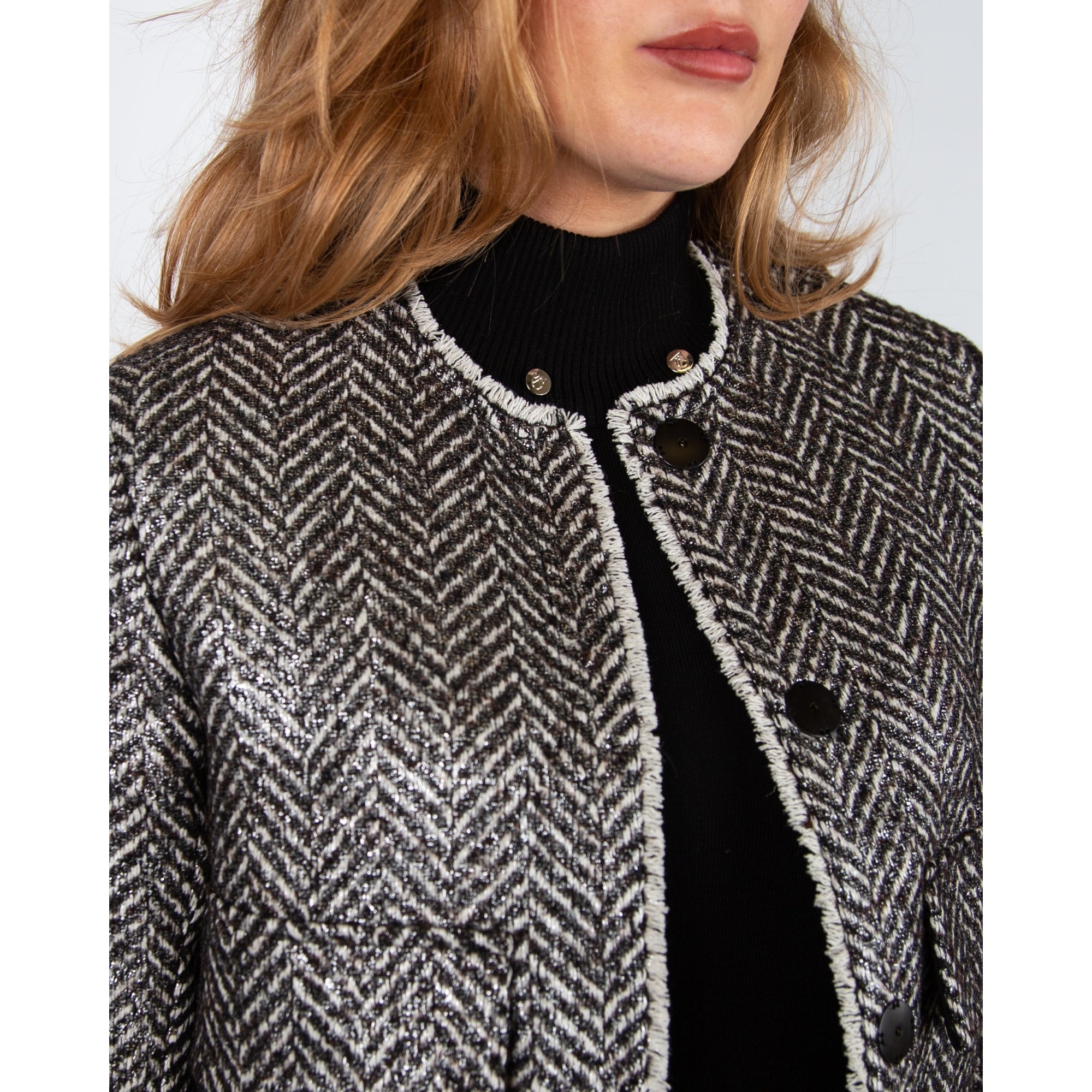 Luisa Cerano Herringbone Tweed Lurex Jacket With Raw Edge Charcoal