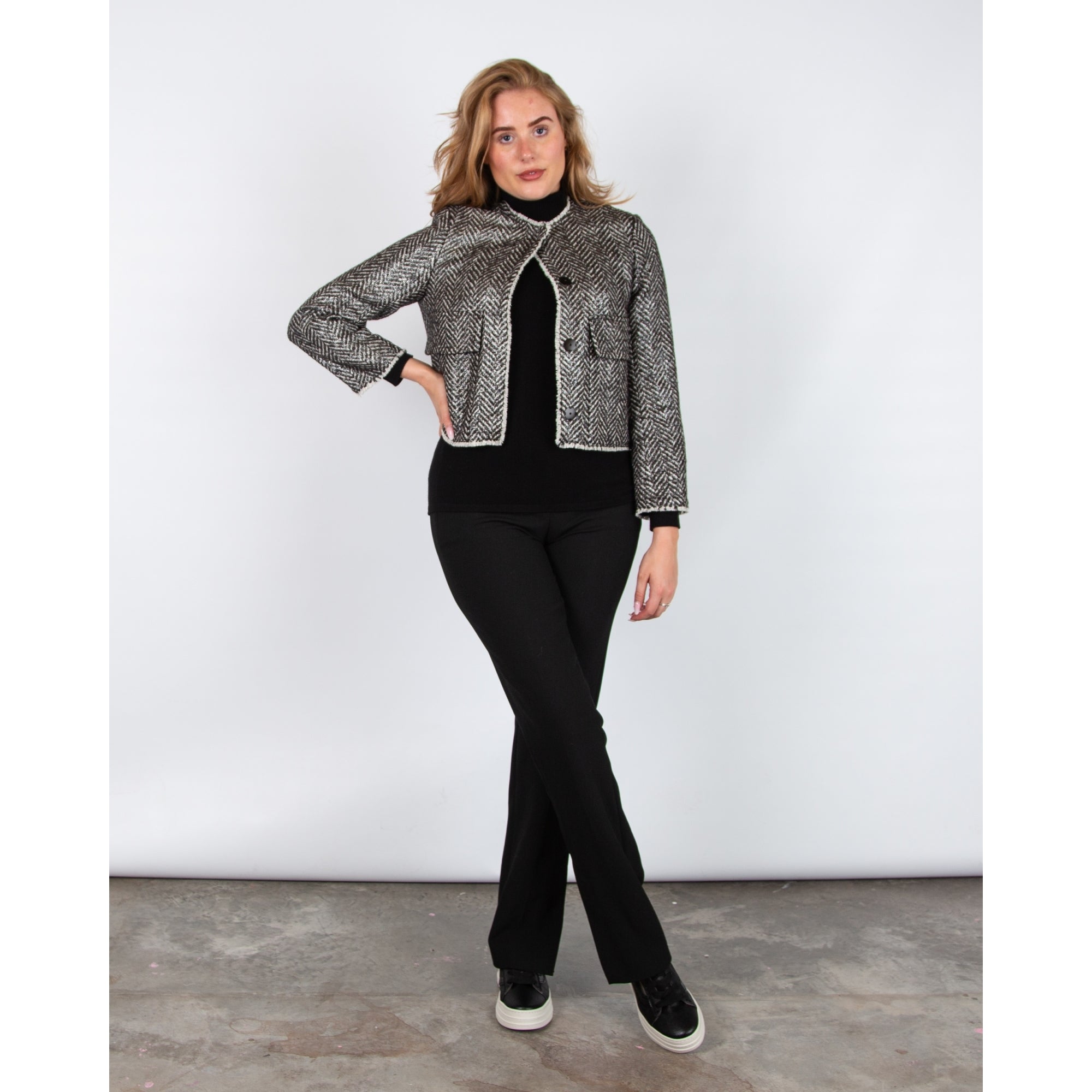 Luisa Cerano Herringbone Tweed Lurex Jacket With Raw Edge Charcoal