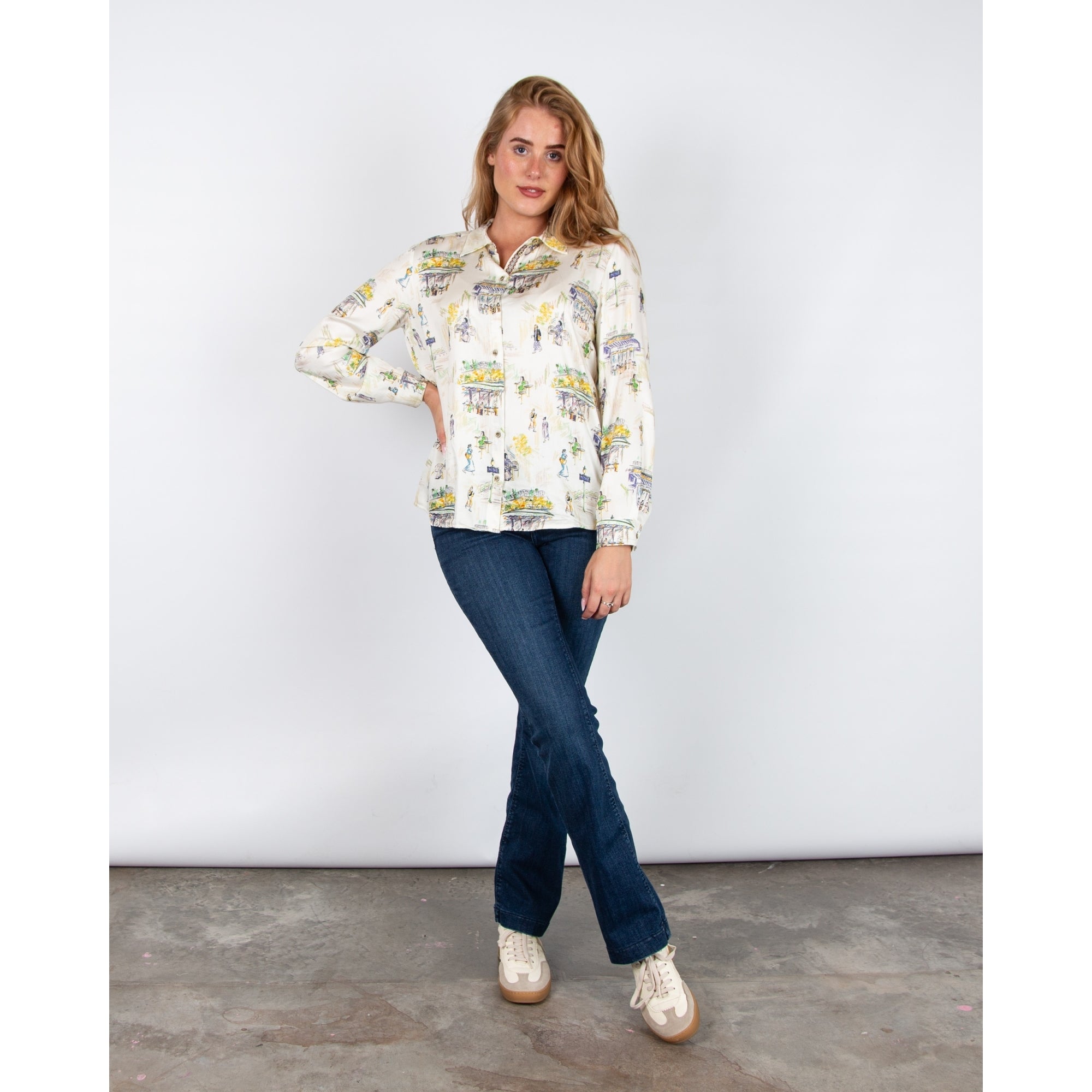 Tinta Style Gema Paris Sketch Print Blouse With Shirt Collar Cream