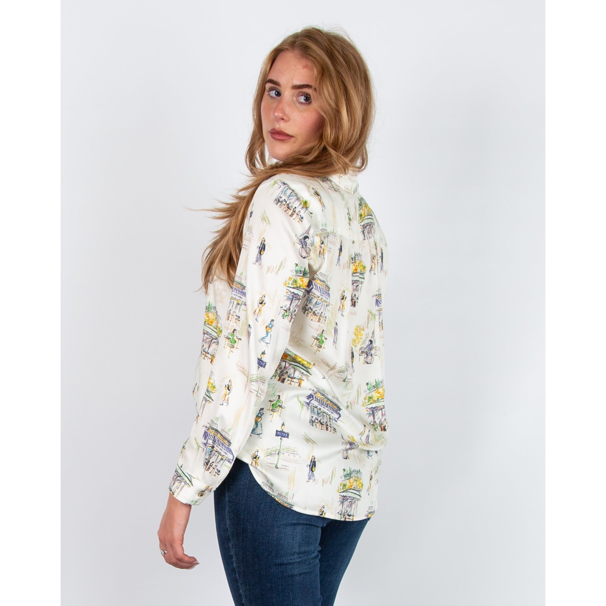 Tinta Style Gema Paris Sketch Print Blouse With Shirt Collar Cream