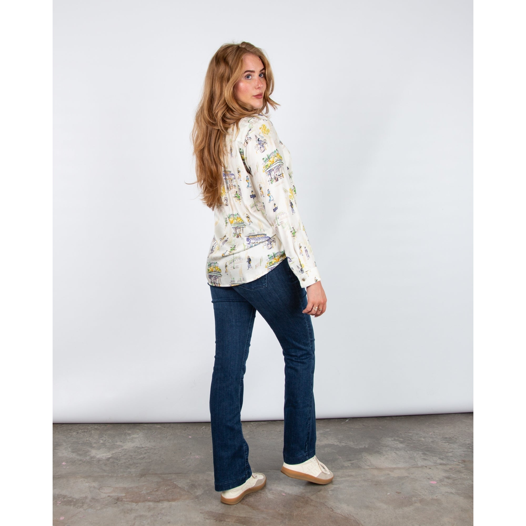 Tinta Style Gema Paris Sketch Print Blouse With Shirt Collar Cream