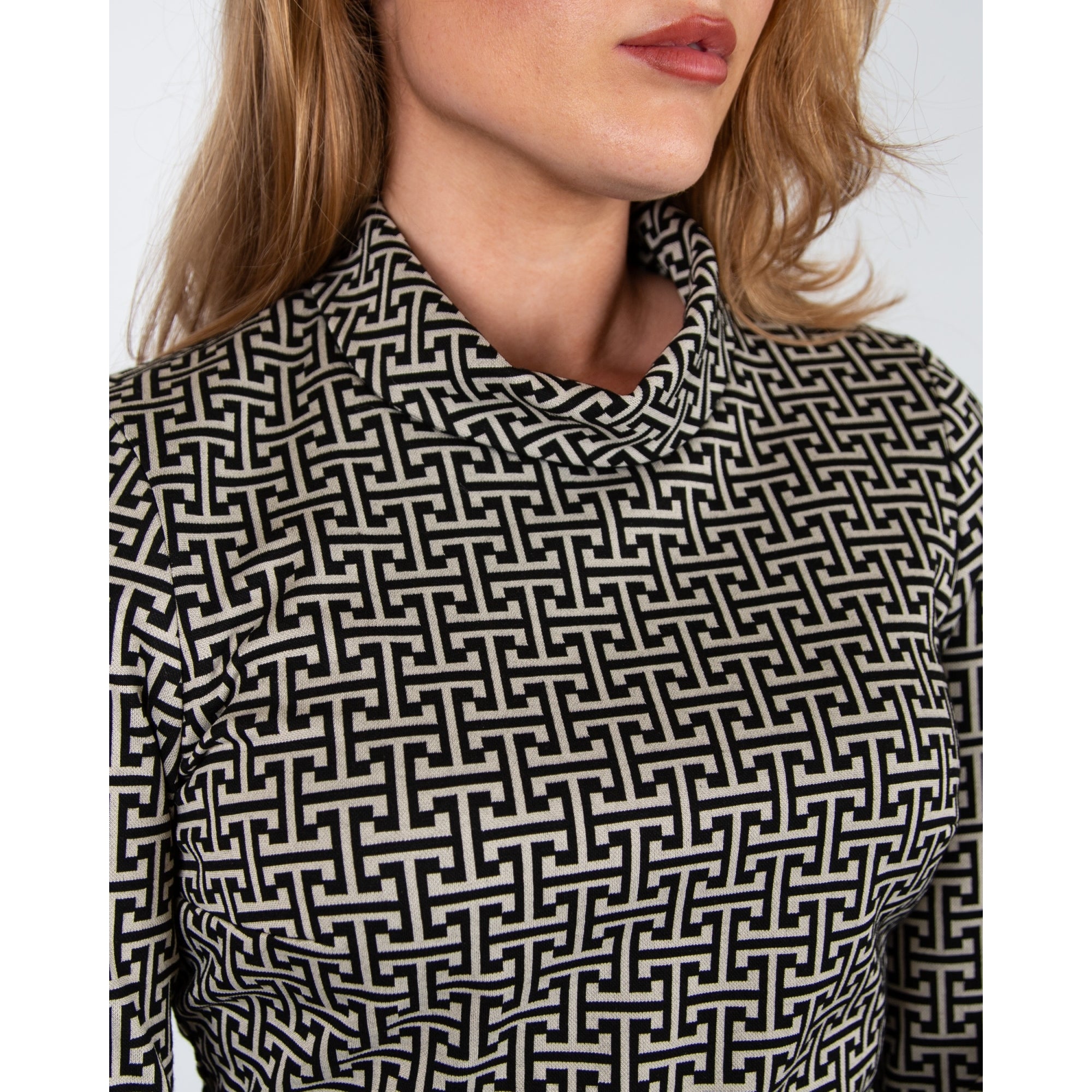 Bariloche Alpes Designer Inspired Belted Cowl Neck Dress Black/beige