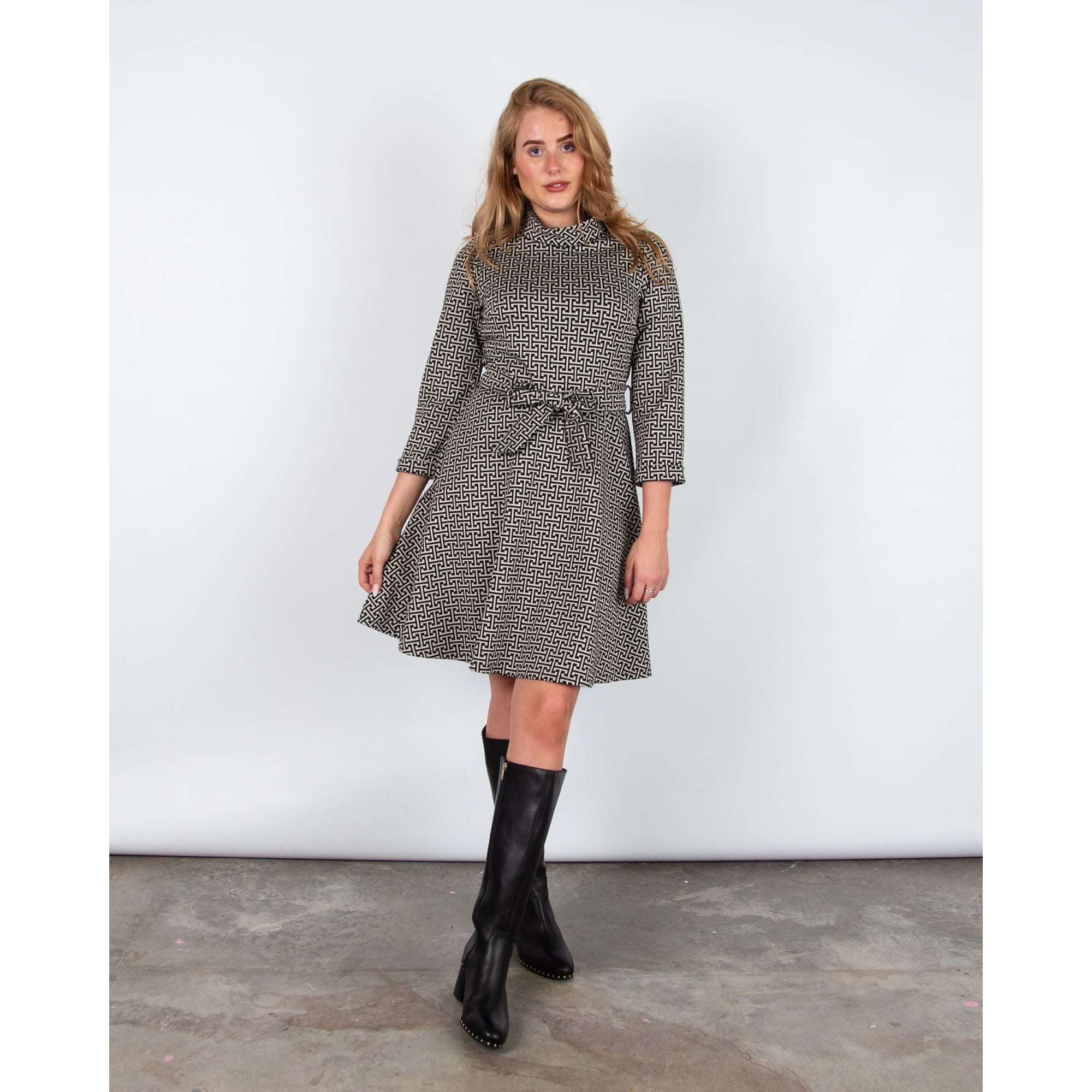 Bariloche Alpes Designer Inspired Belted Cowl Neck Dress Black/beige