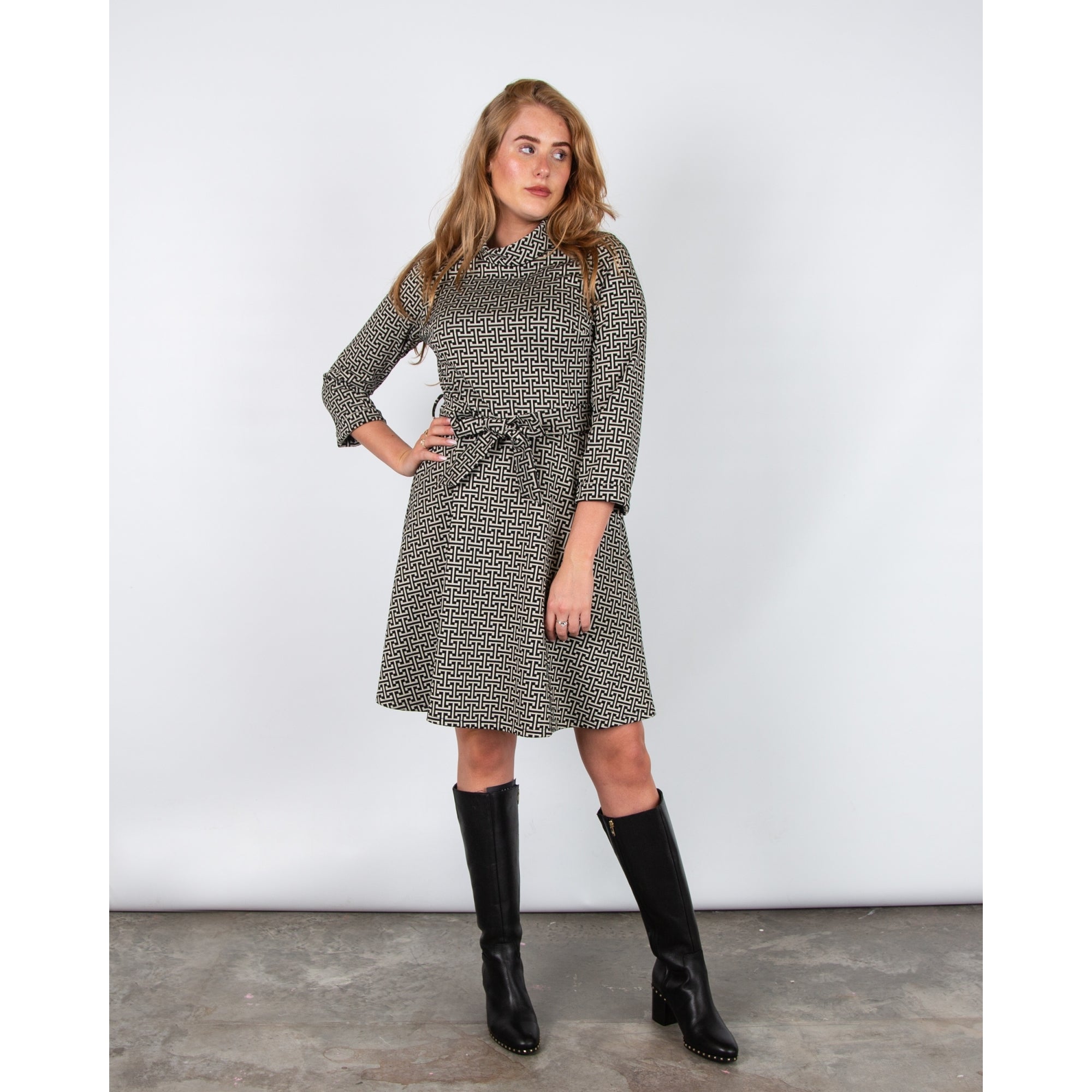 Bariloche Alpes Designer Inspired Belted Cowl Neck Dress Black/beige