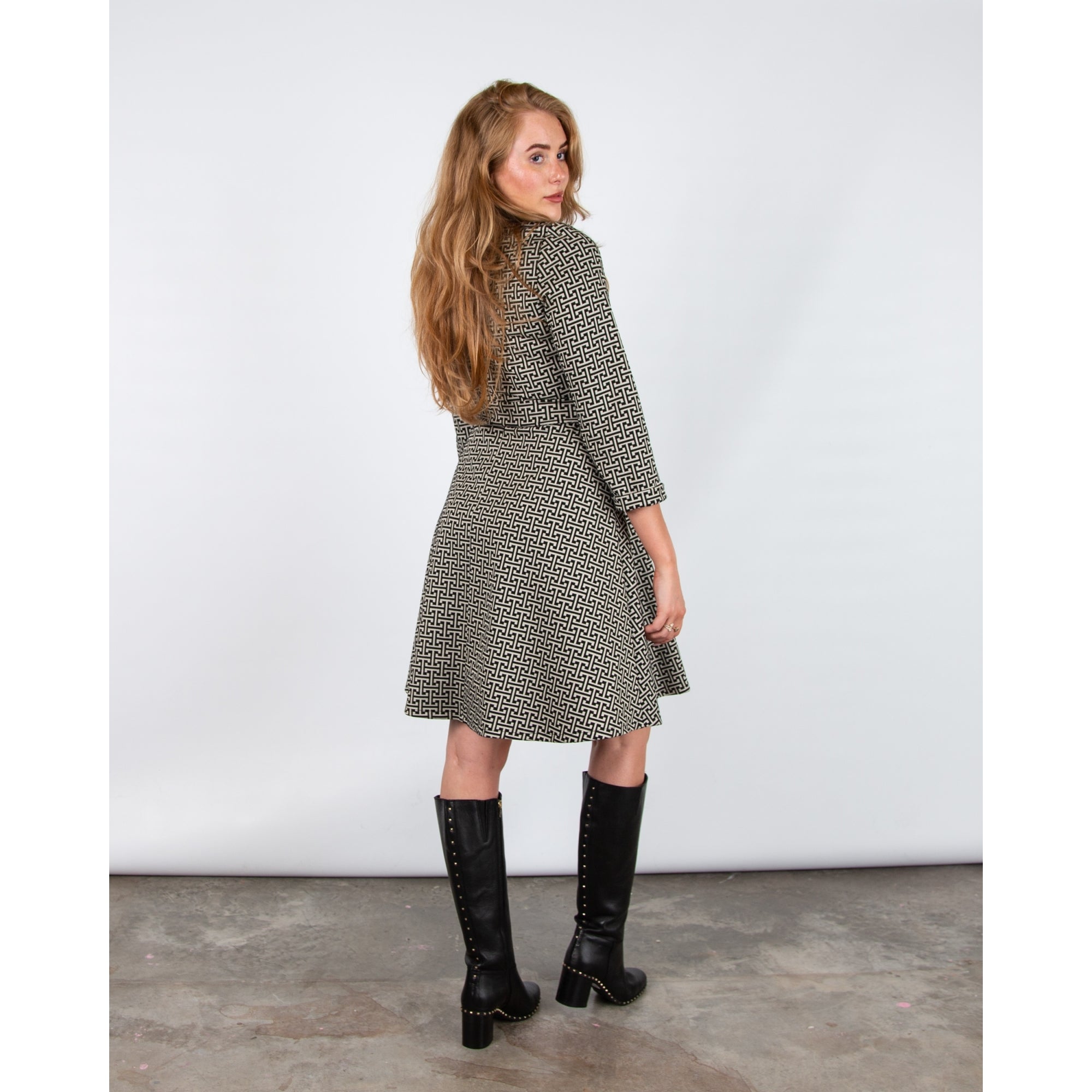 Bariloche Alpes Designer Inspired Belted Cowl Neck Dress Black/beige