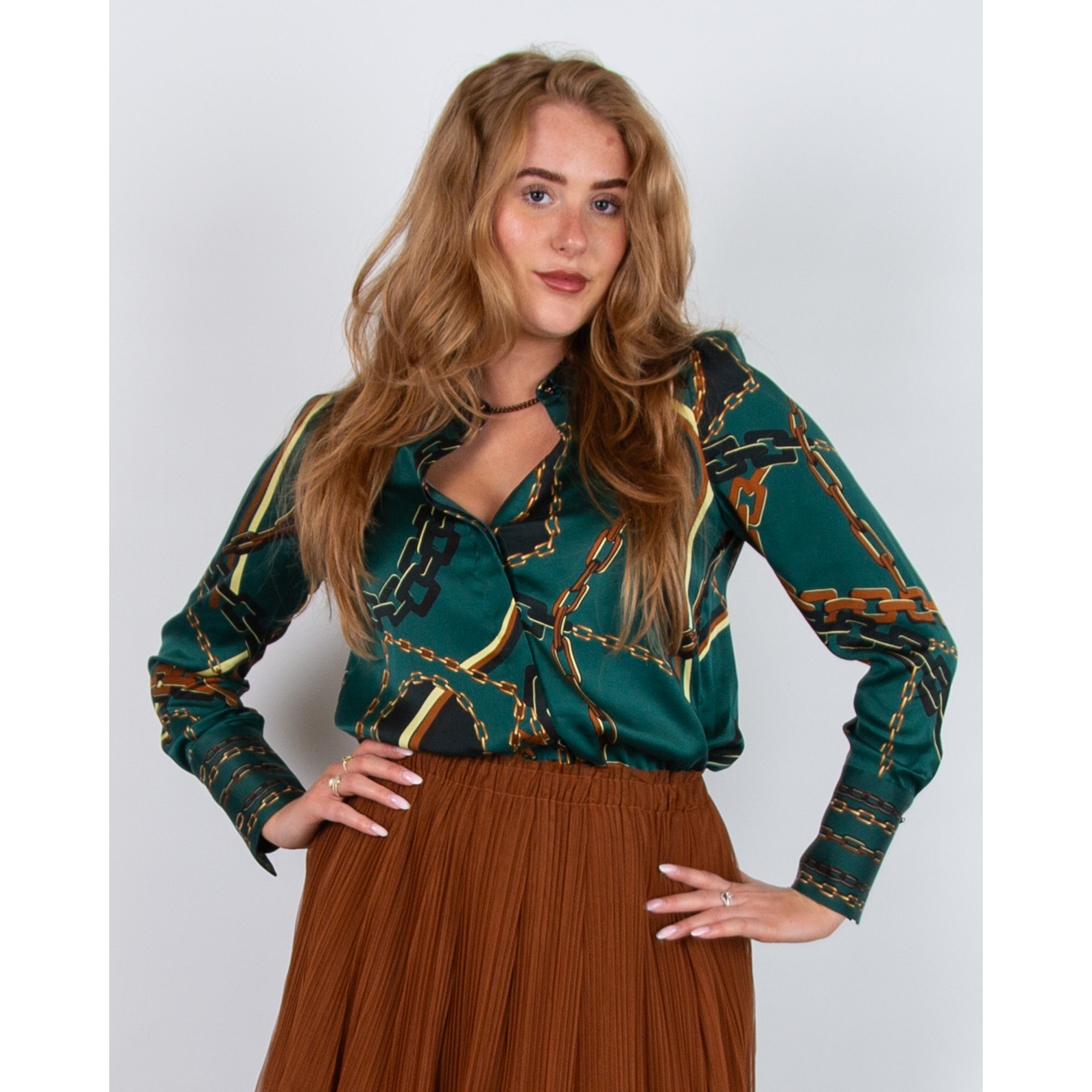 Marc Cain Chain Print Split Neck Silk Blouse Green/tobacco 559