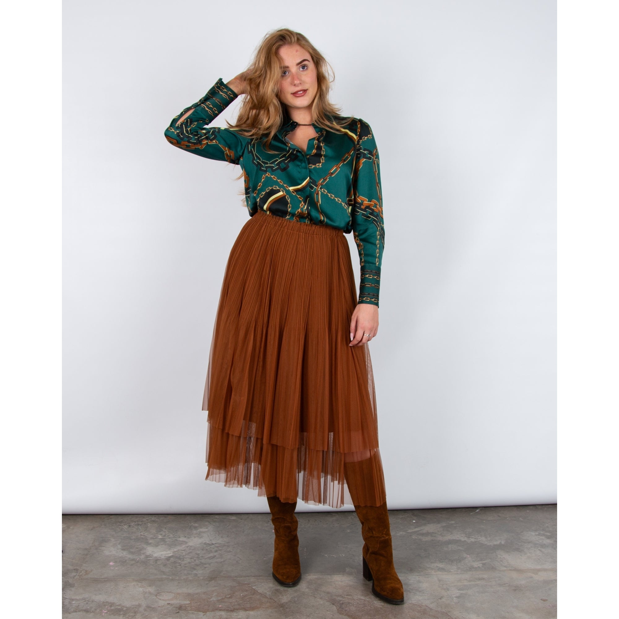 Marc Cain Chain Print Split Neck Silk Blouse Green/tobacco 559