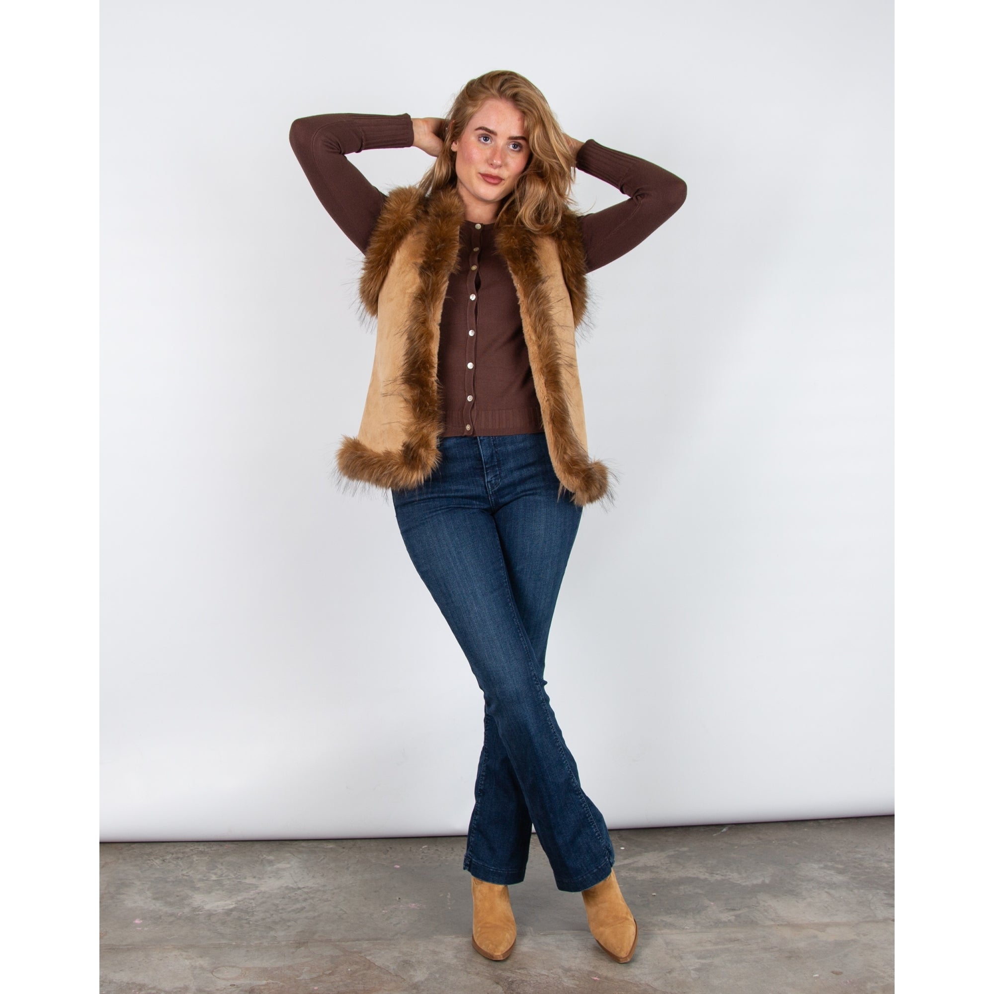 Charlotte Sparre Faux Suede & Fur Sleeveless Gilet Cognac