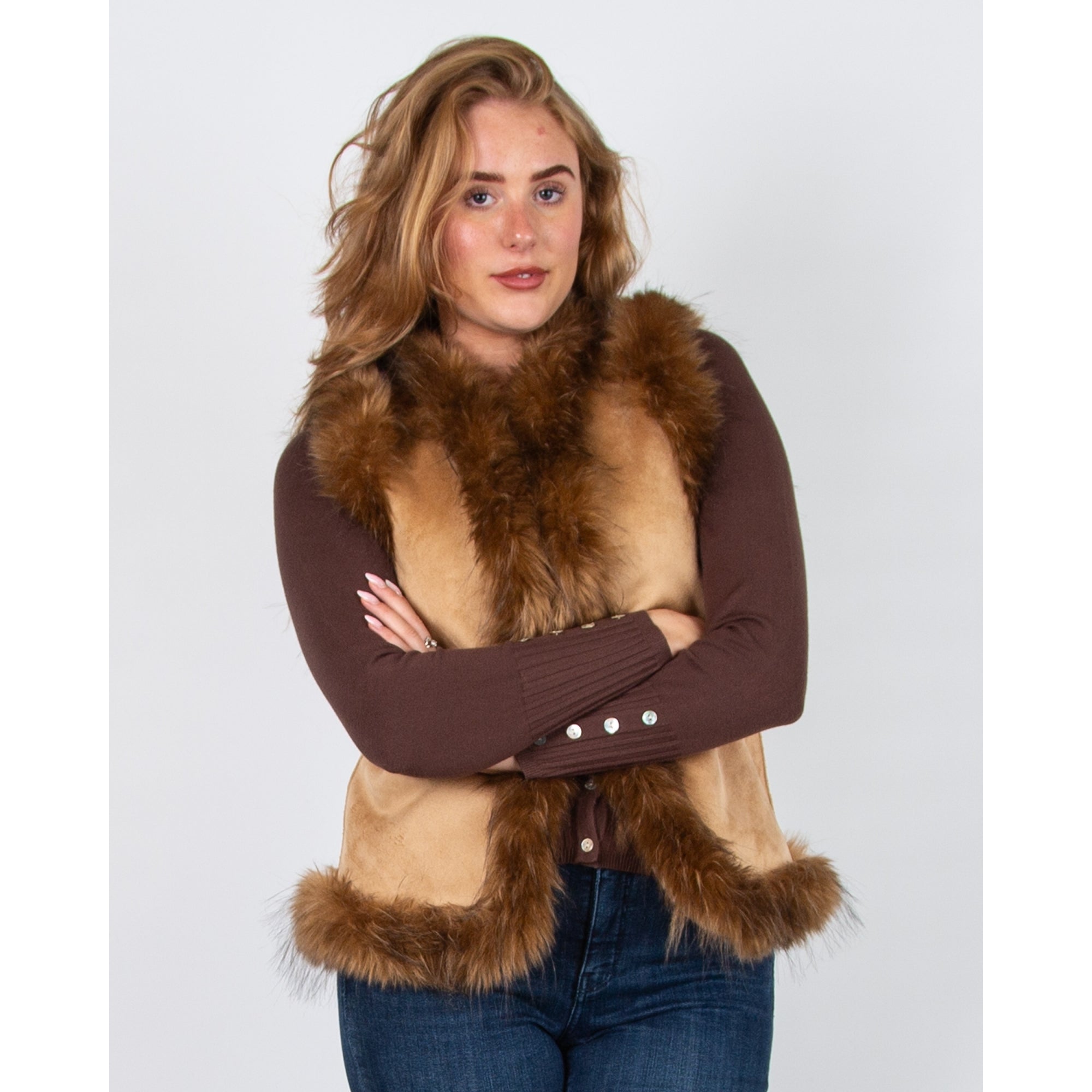 Charlotte Sparre Faux Suede & Fur Sleeveless Gilet Cognac