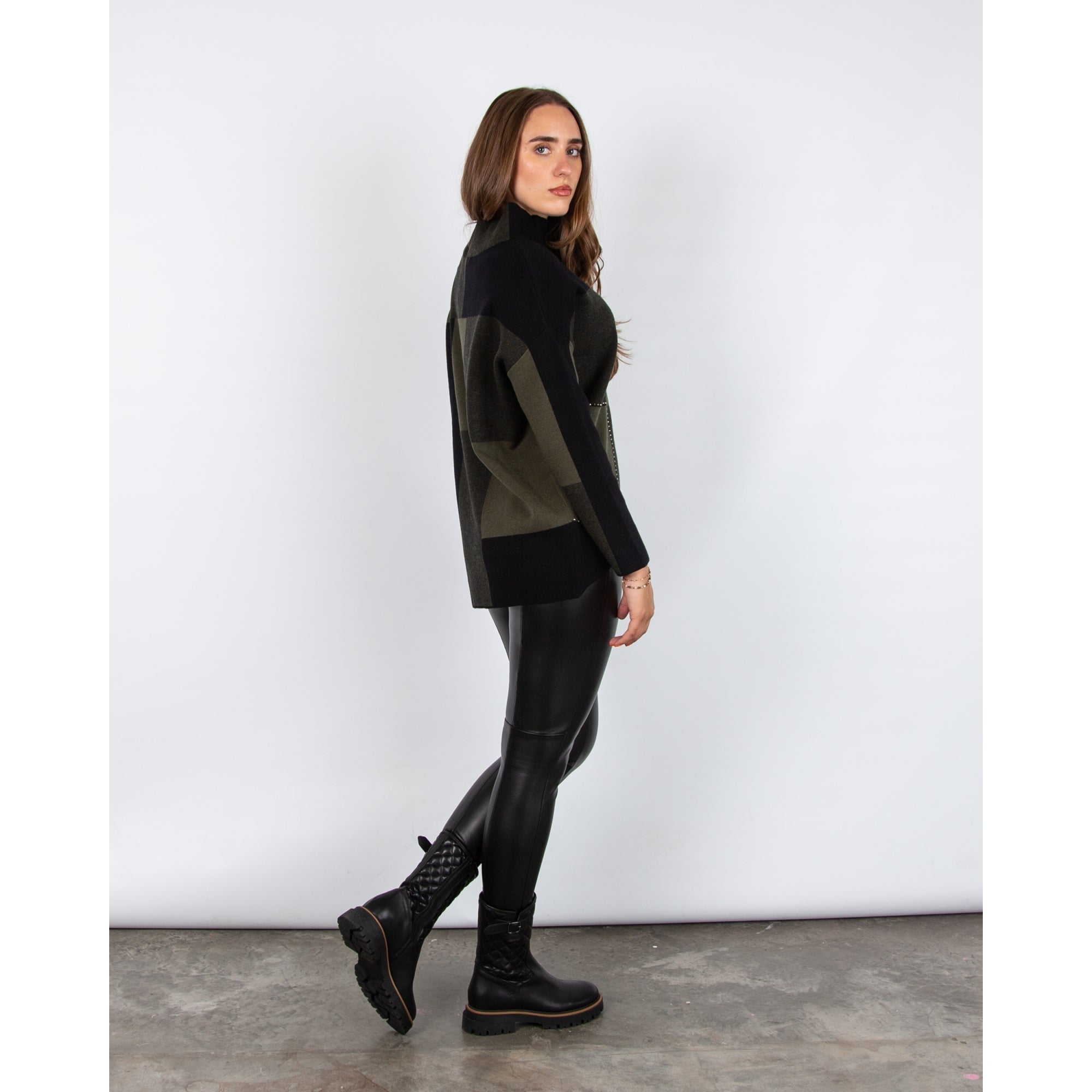 Joseph Ribkoff Cowl Neck Colour Block Jumper Stud Detail Green/black 4303