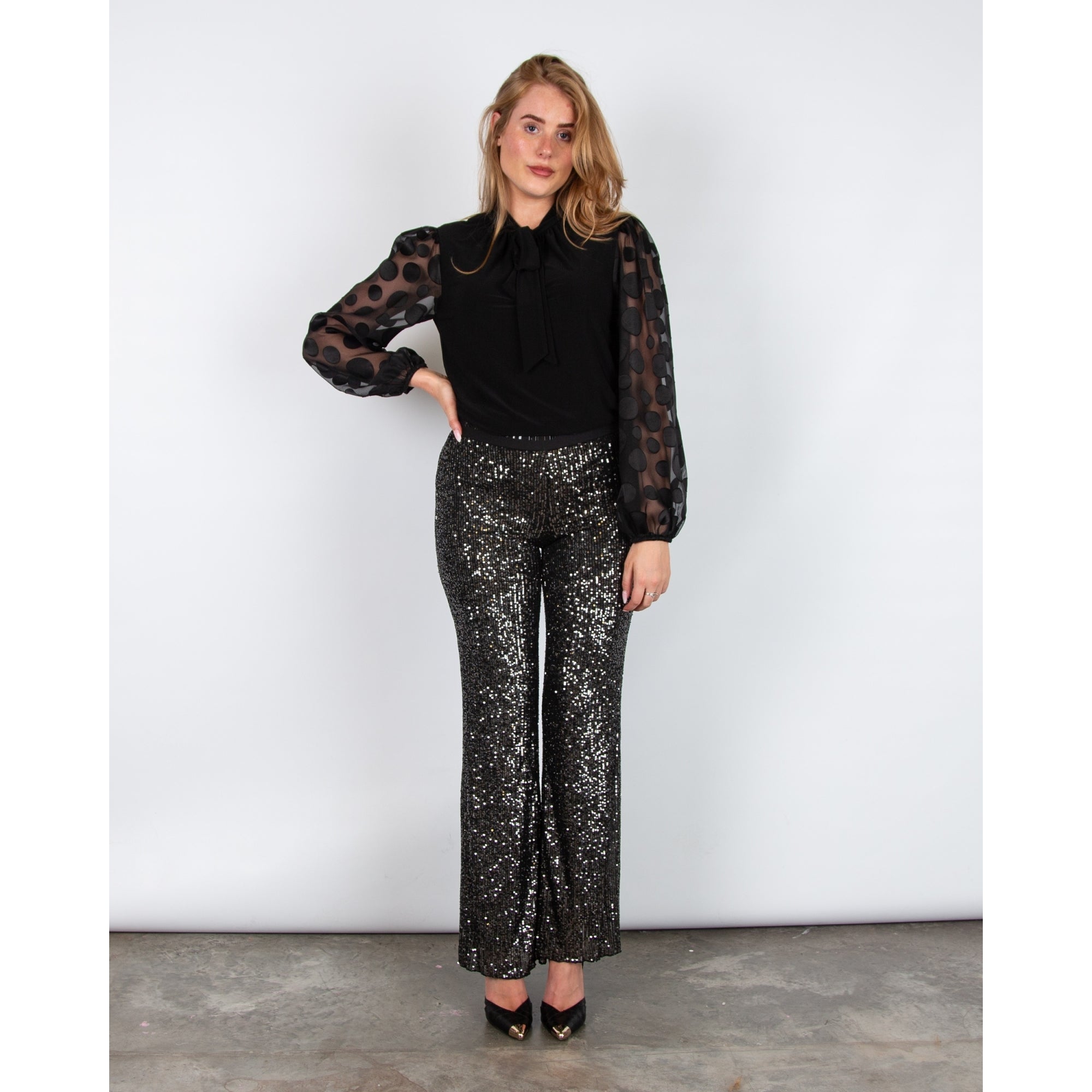 Robell Joella Wide Leg Sequin Pull On Trouser Black/silver 99