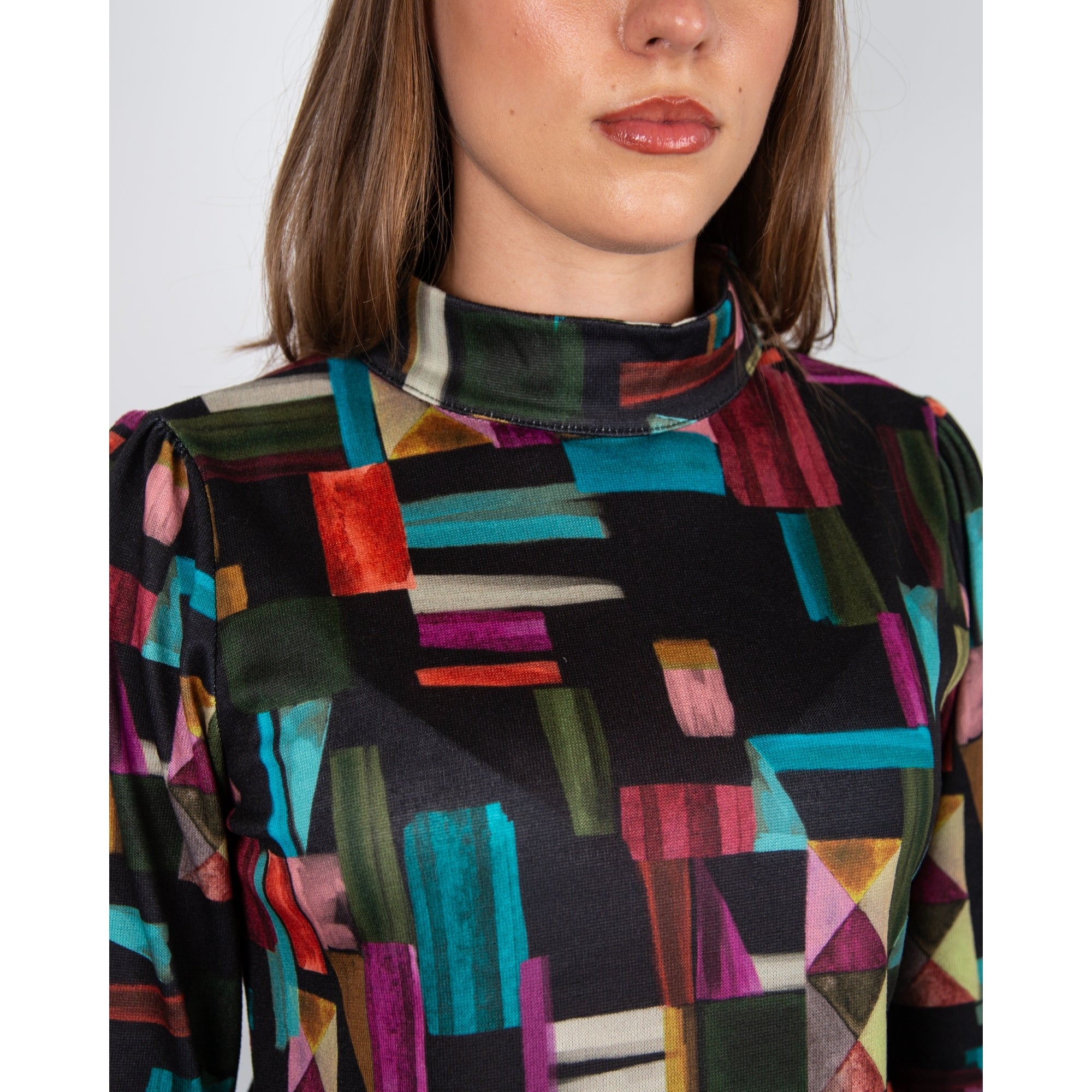 Tinta Style Donia High Neck Block Print Top Black Multi