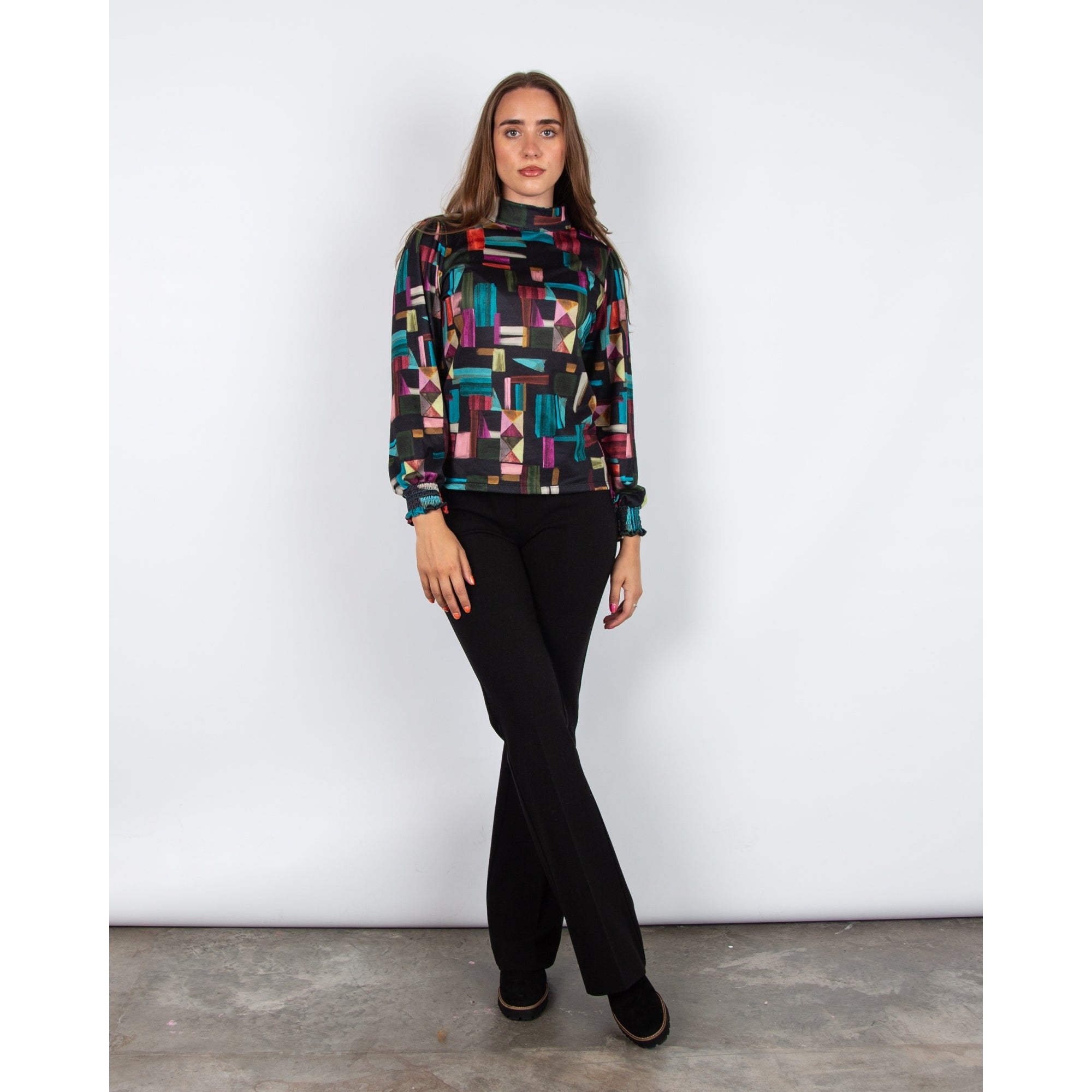 Tinta Style Donia High Neck Block Print Top Black Multi