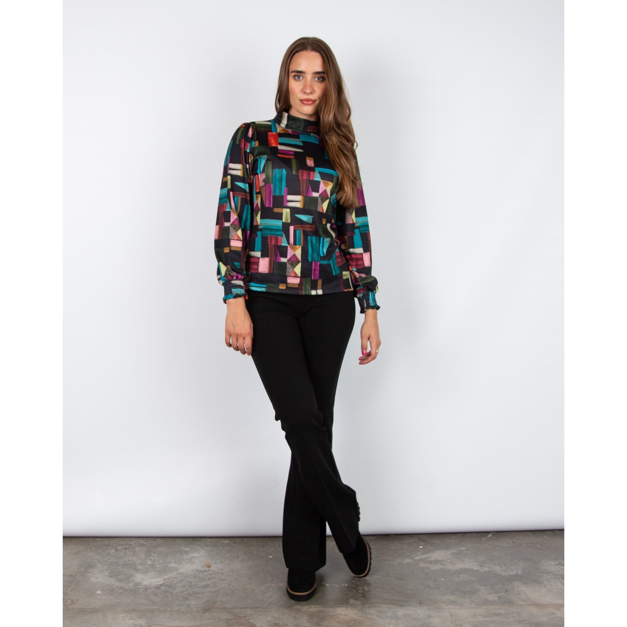 Tinta Style Donia High Neck Block Print Top Black Multi