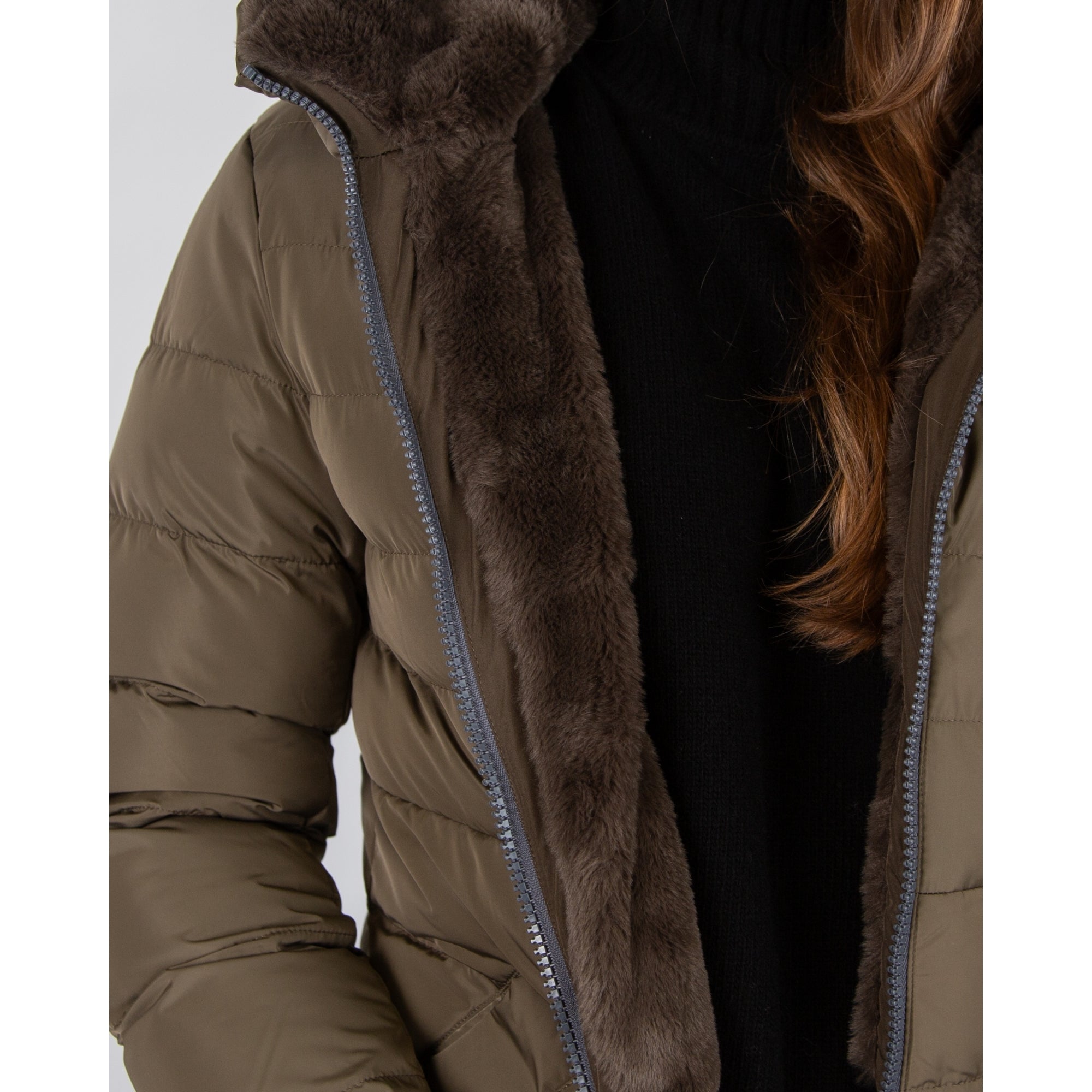 Rino & Pelle Keila Long Puffa Coat Half Faux Fur Lined Hunter Green