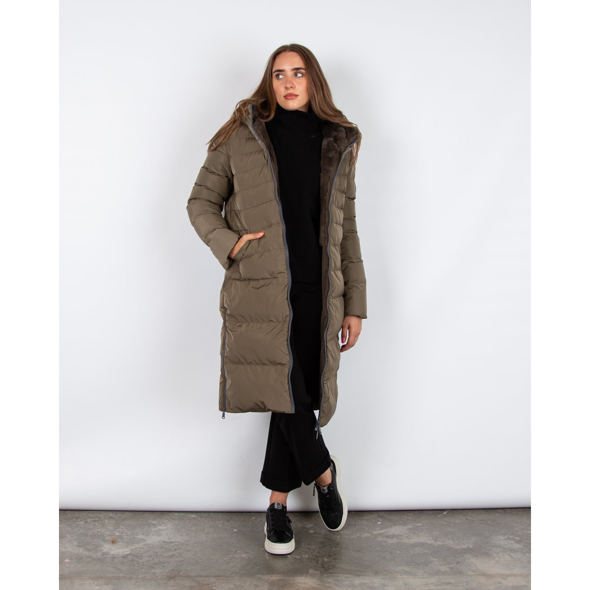 Rino & Pelle Keila Long Puffa Coat Half Faux Fur Lined Hunter Green