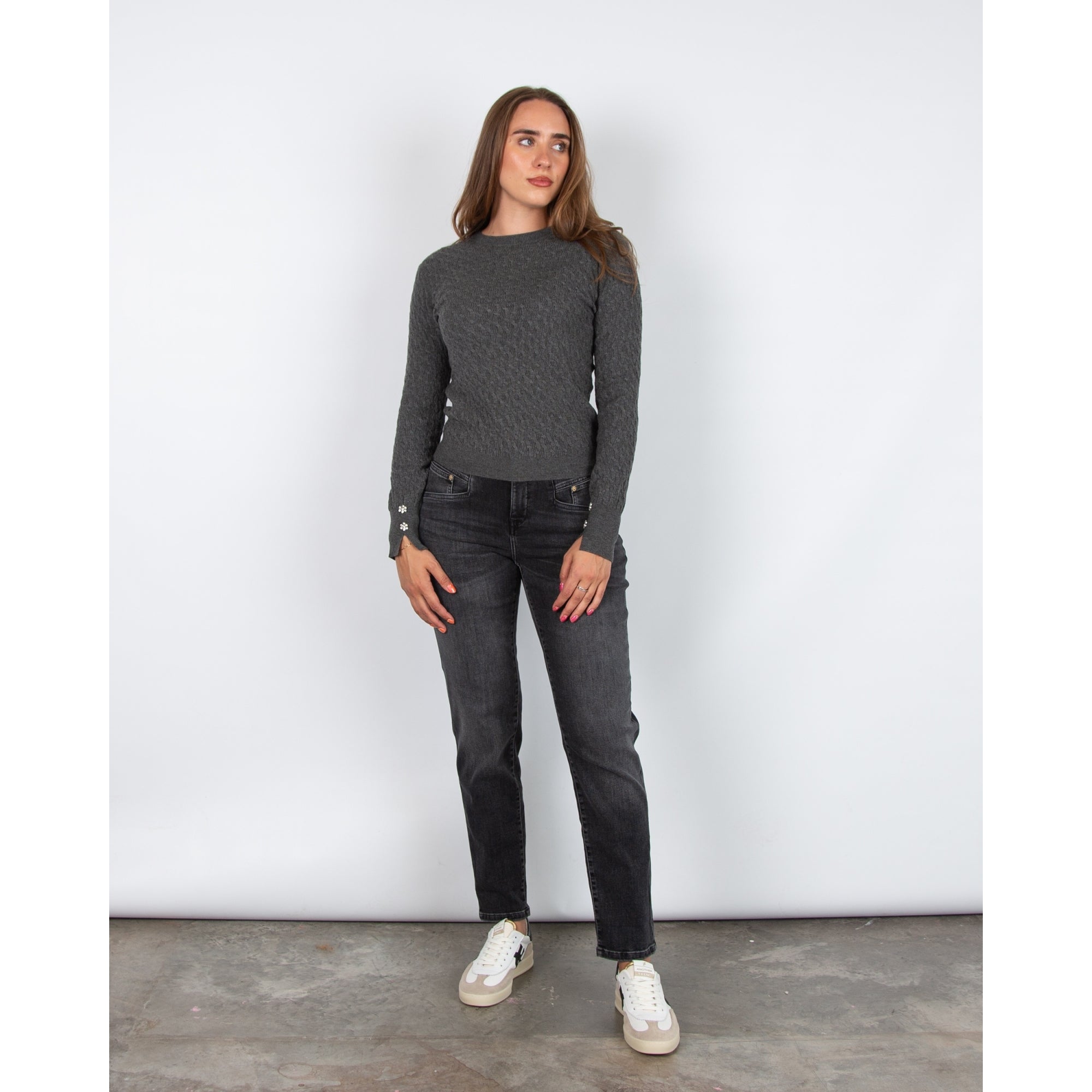 Marella Emme Impatto Fine Cable Knit Jumper With Diamante Cuff Dark Grey