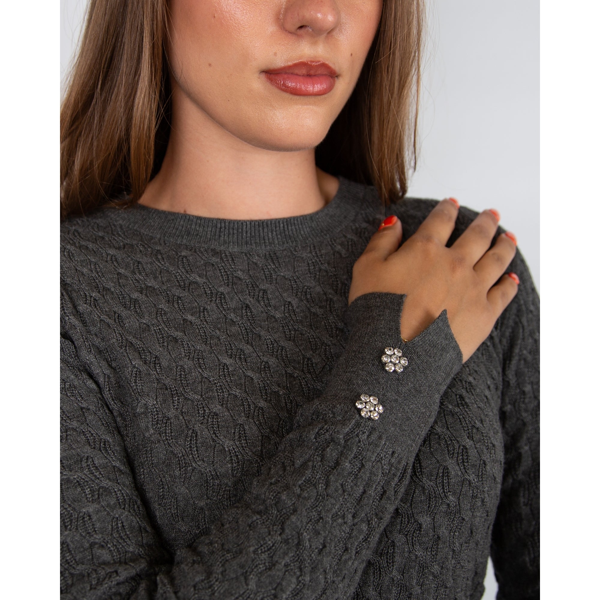 Marella Emme Impatto Fine Cable Knit Jumper With Diamante Cuff Dark Grey