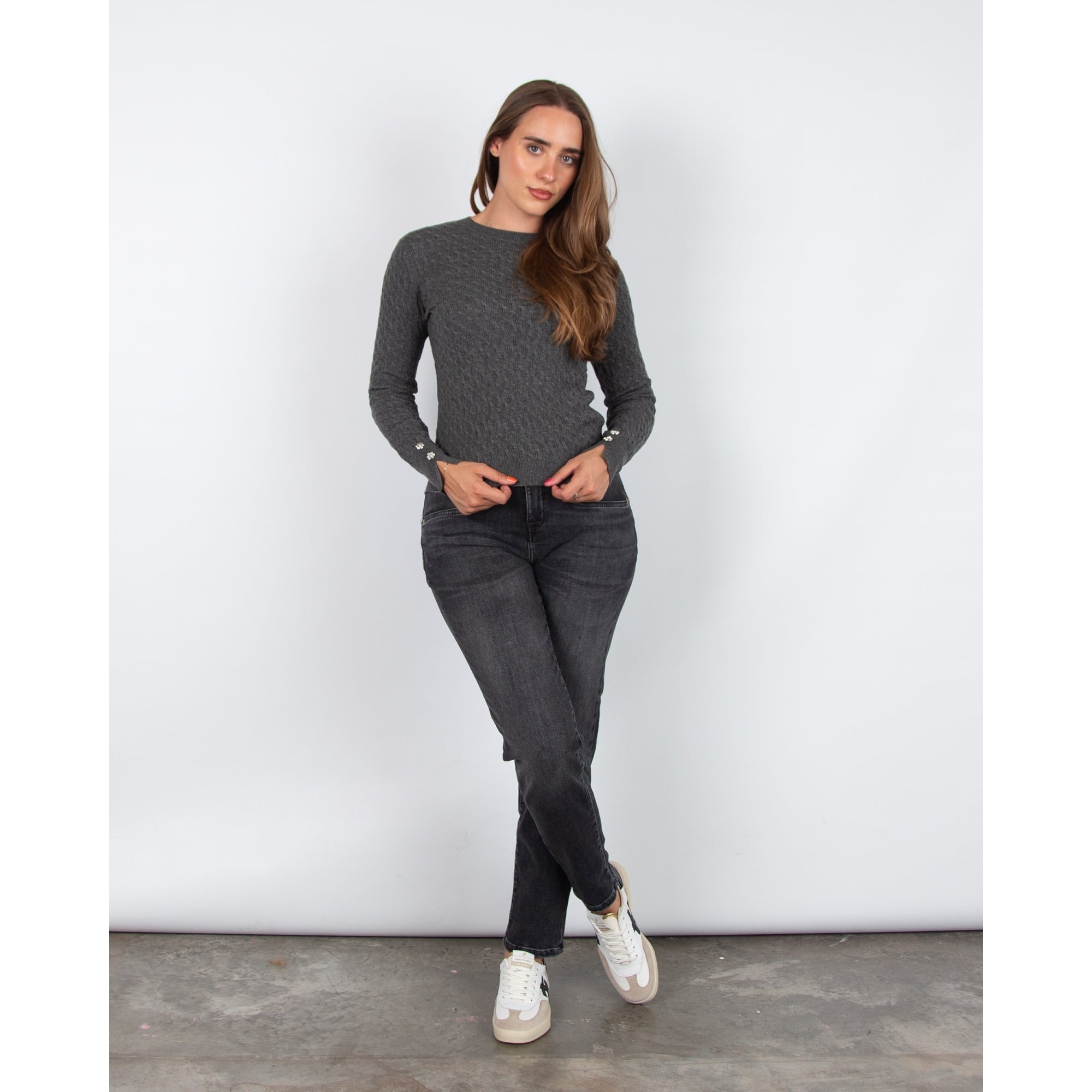 Marella Emme Impatto Fine Cable Knit Jumper With Diamante Cuff Dark Grey