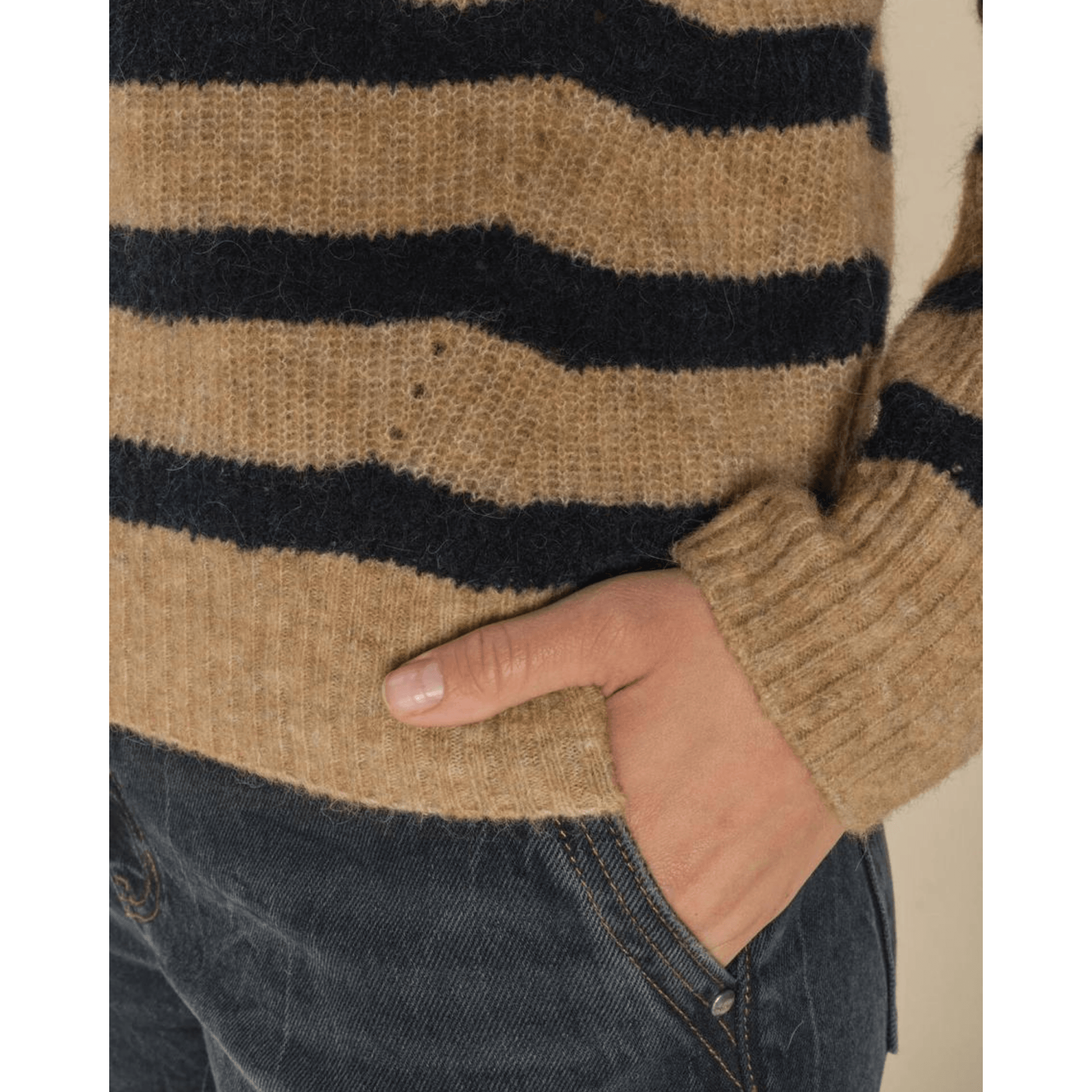 Mos Mosh Thora Soft Handle Stripe Crew Neck Jumper Camel/navy