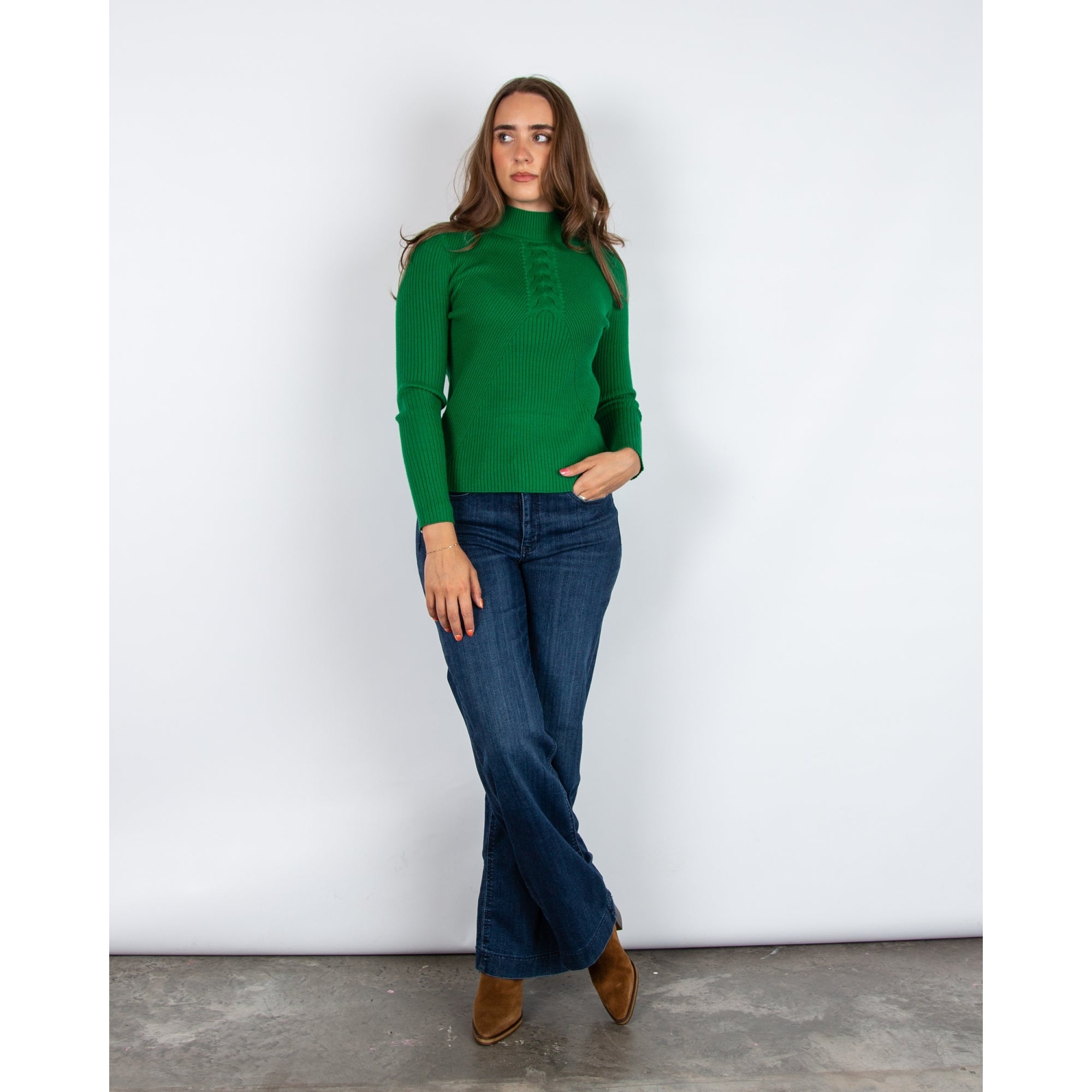 Alison Sheri Fine Rib Cable Front Detail Jumper Green
