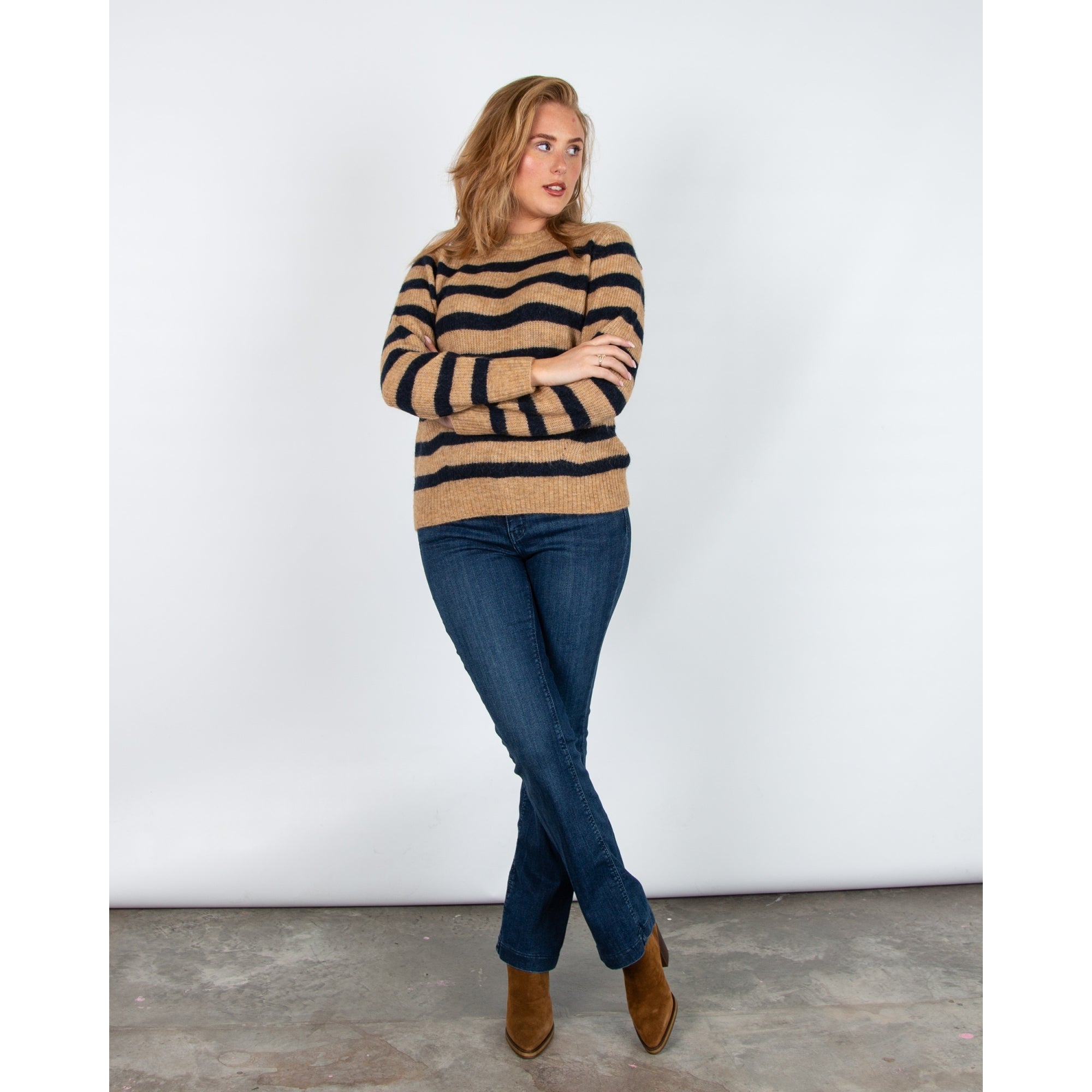 Mos Mosh Thora Soft Handle Stripe Crew Neck Jumper Camel/navy