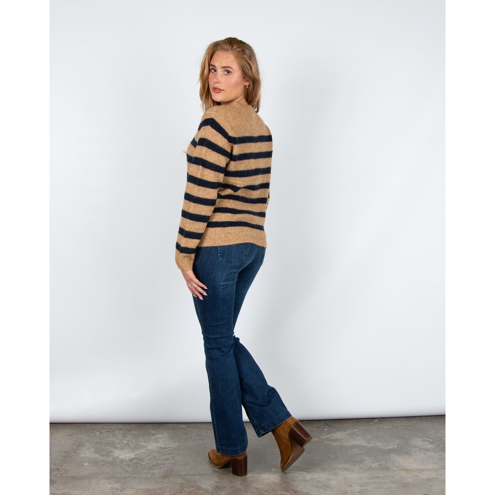 Mos Mosh Thora Soft Handle Stripe Crew Neck Jumper Camel/navy