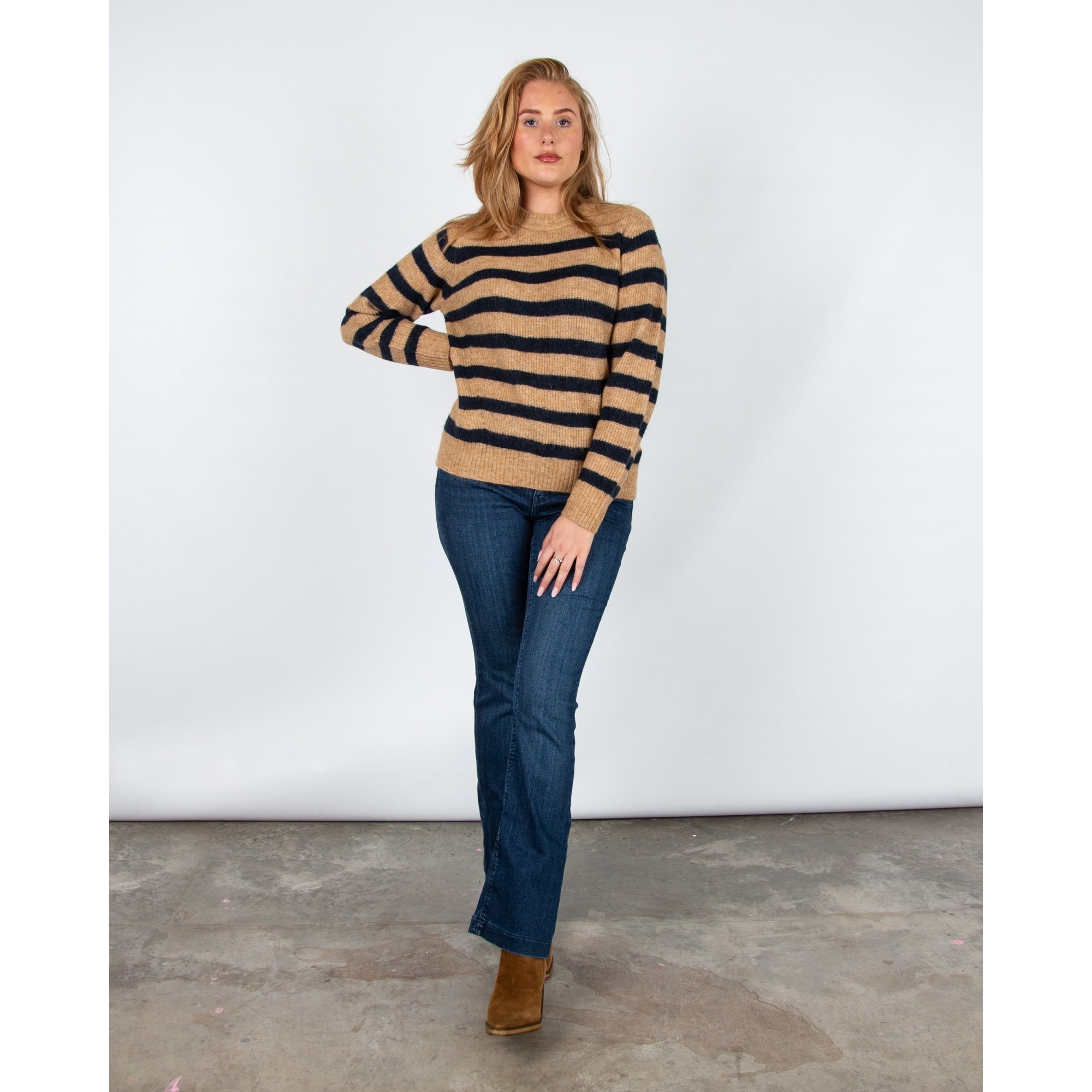 Mos Mosh Thora Soft Handle Stripe Crew Neck Jumper Camel/navy