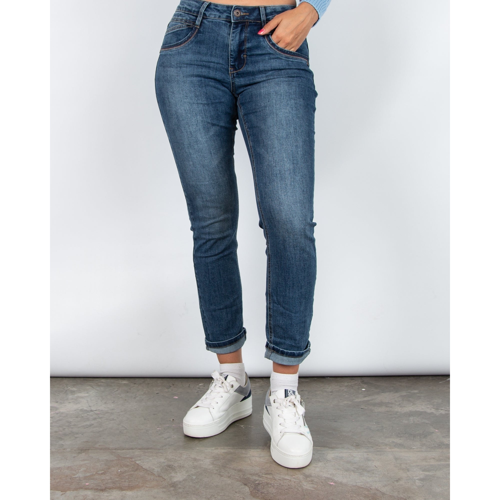 Red Button Slim Leg Denim Jean With Metal Trim Pockets Denim Blue