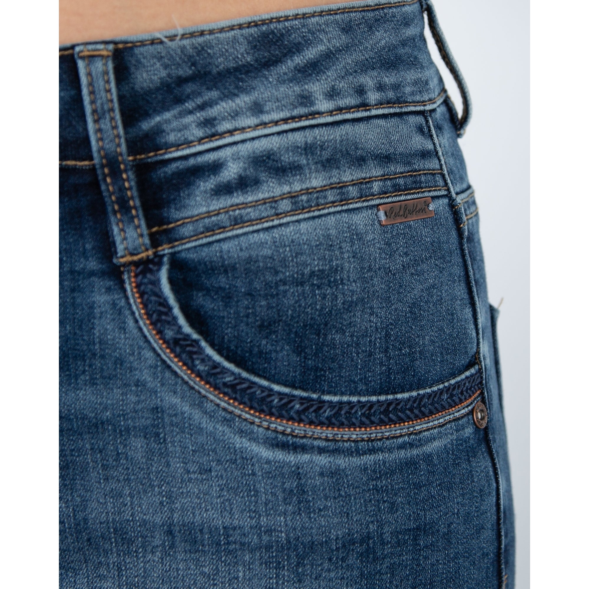 Red Button Slim Leg Denim Jean With Metal Trim Pockets Denim Blue