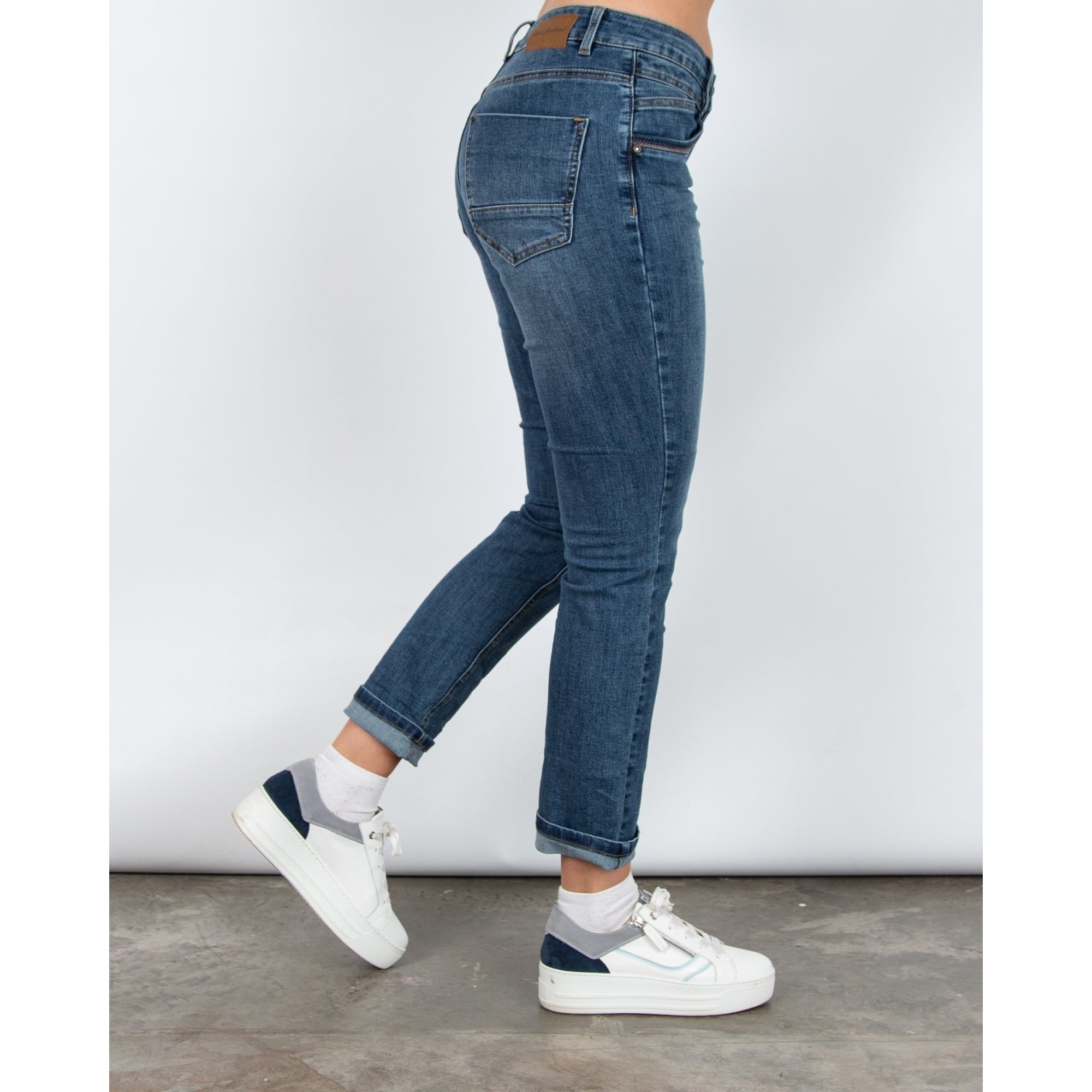Red Button Slim Leg Denim Jean With Metal Trim Pockets Denim Blue