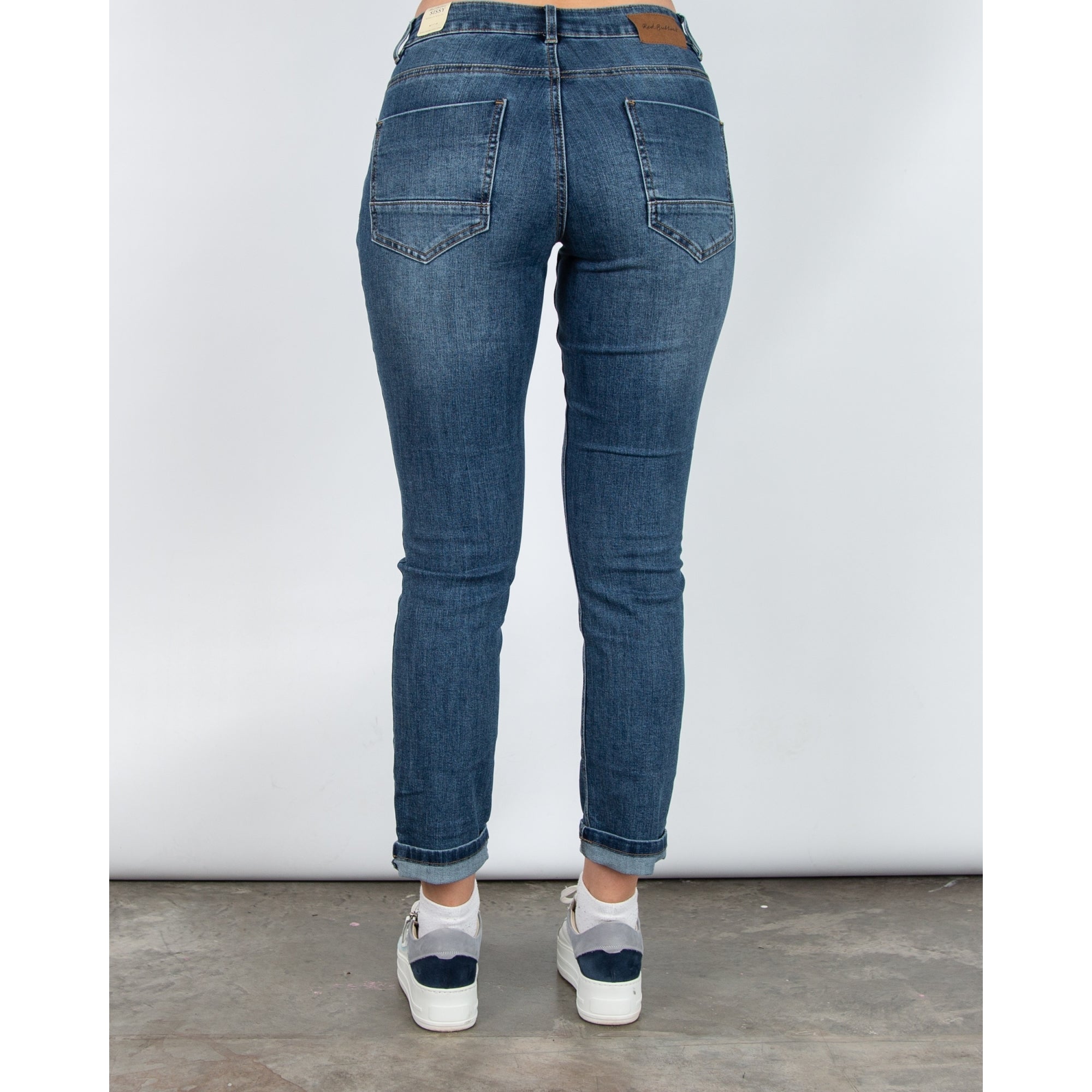 Red Button Slim Leg Denim Jean With Metal Trim Pockets Denim Blue