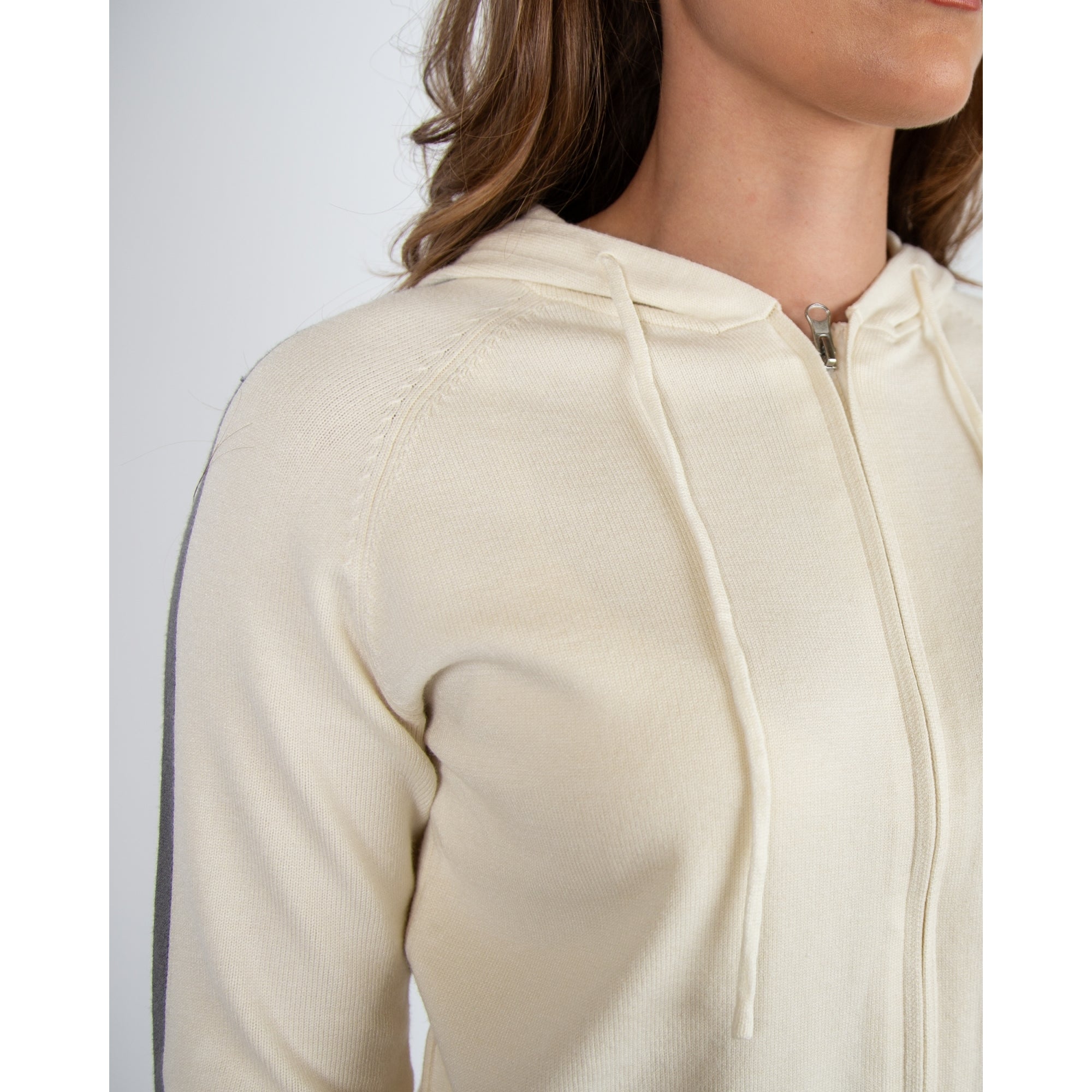 Alice Collins Poppy Hooded Zip Down Jacket With Stripe Arm Cream/grey