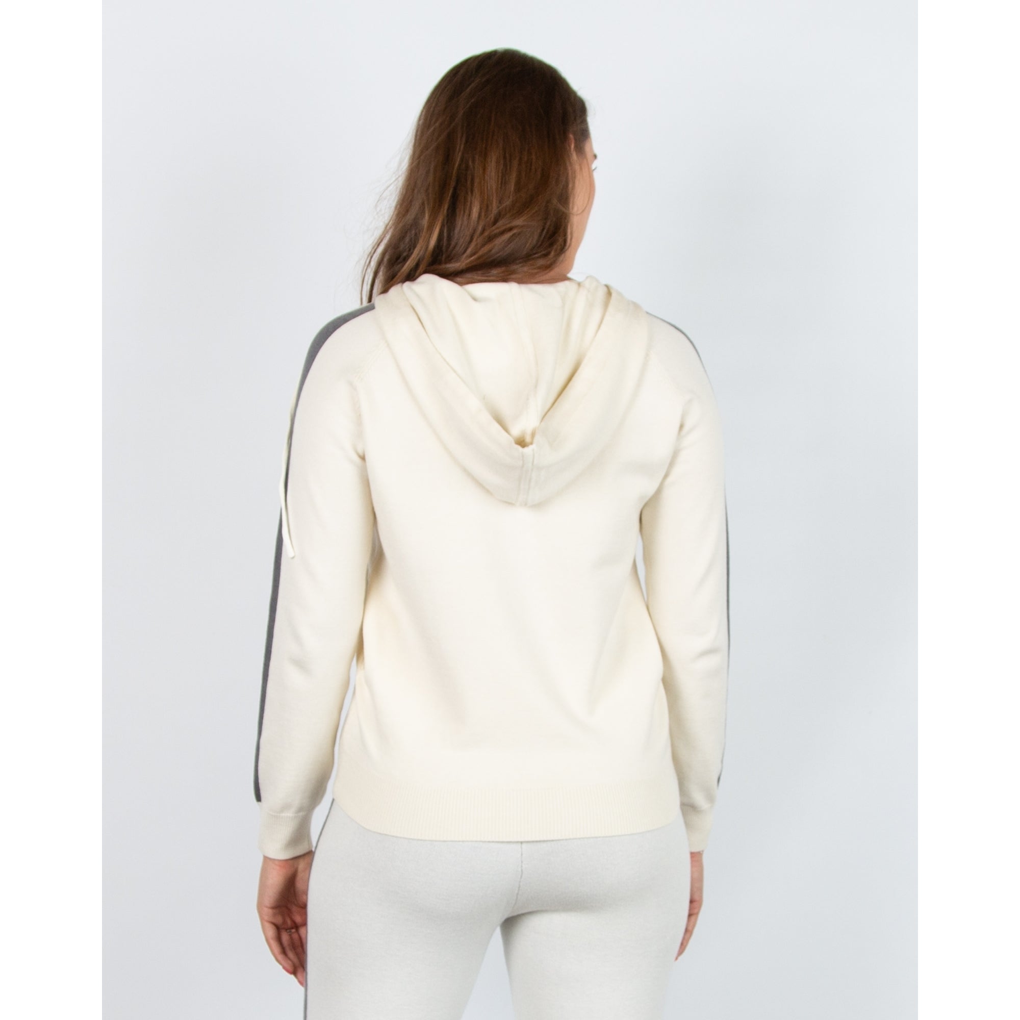 Alice Collins Poppy Hooded Zip Down Jacket With Stripe Arm Cream/grey