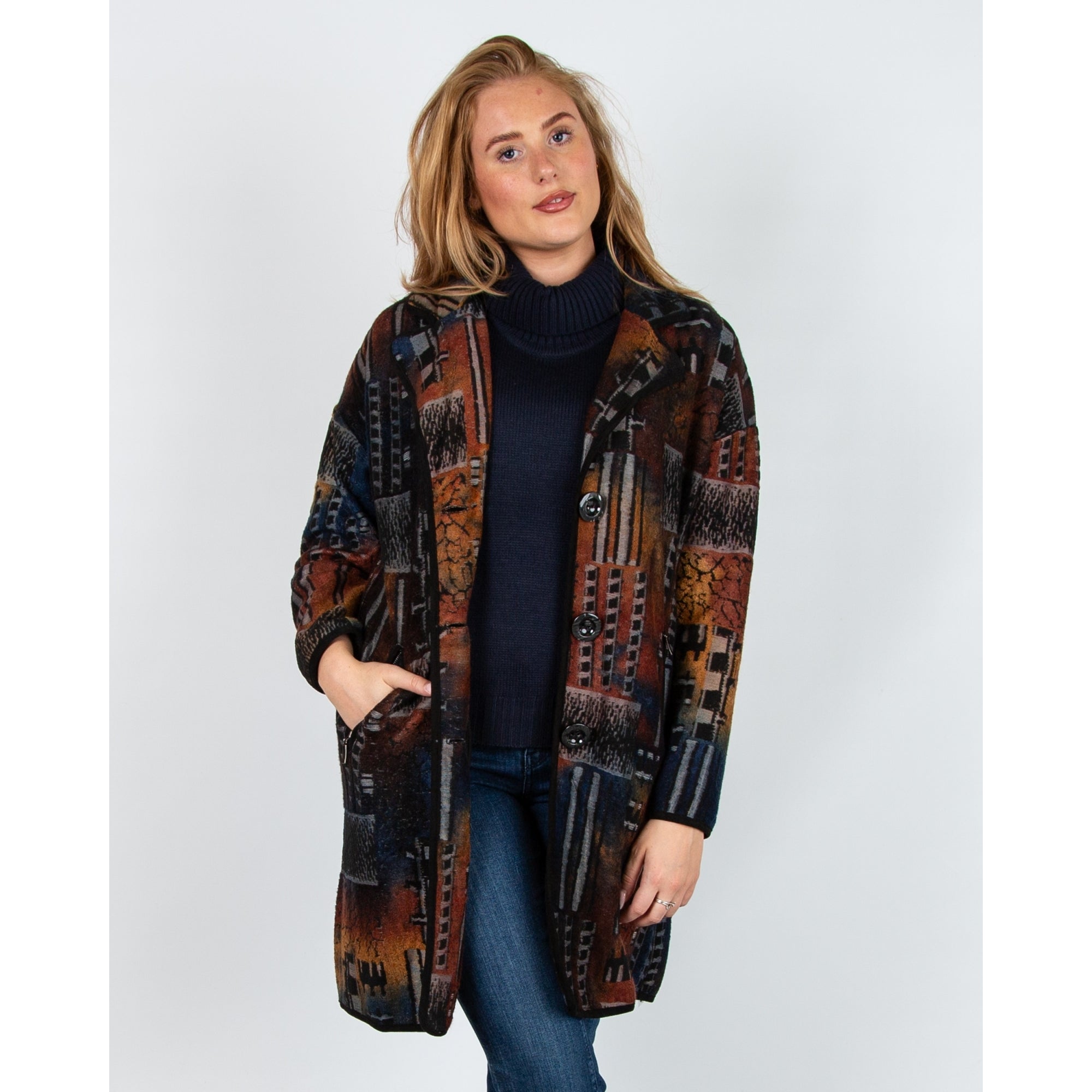 Alison Sheri Patchwork Button Down Knit Coatigan Rust/black