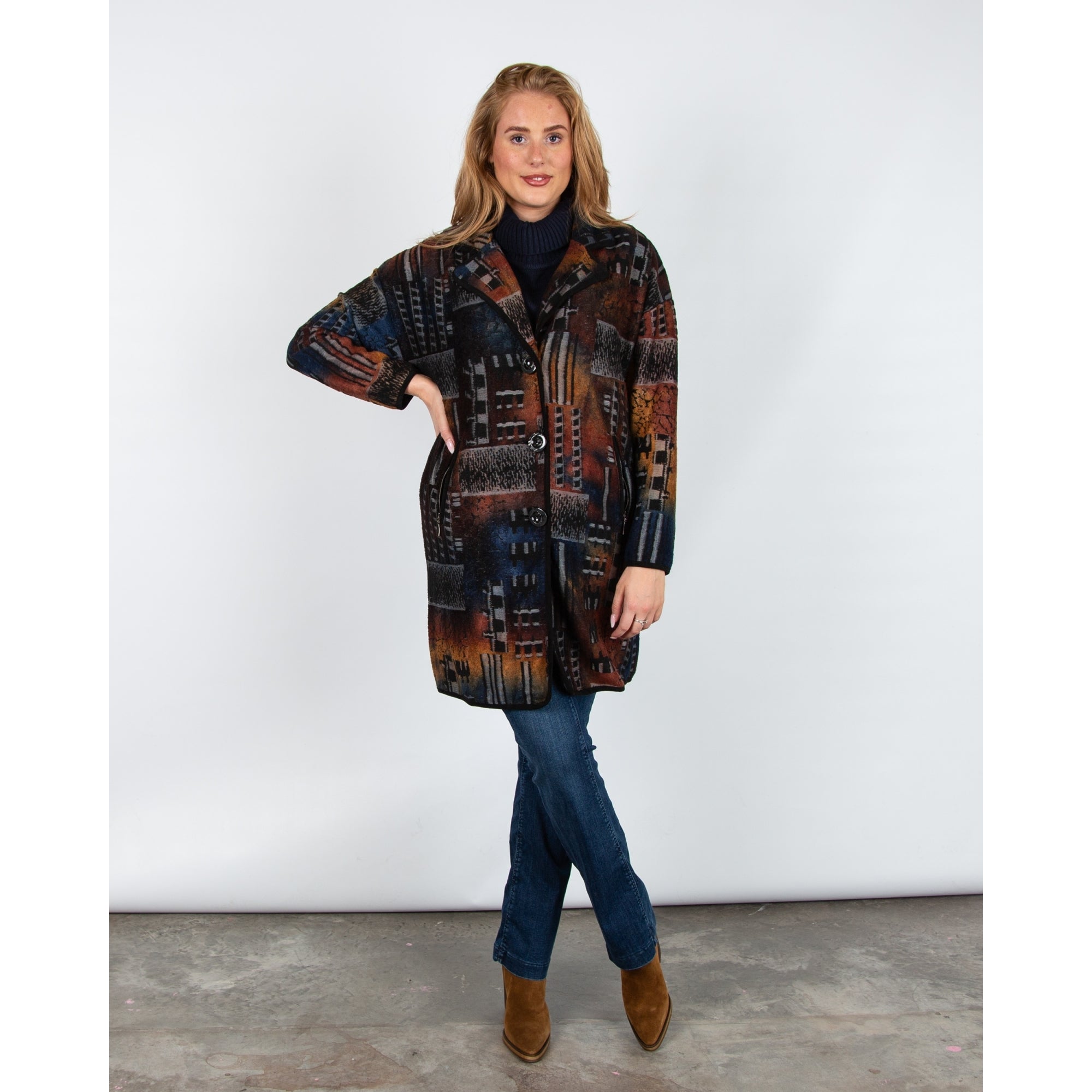 Alison Sheri Patchwork Button Down Knit Coatigan Rust/black