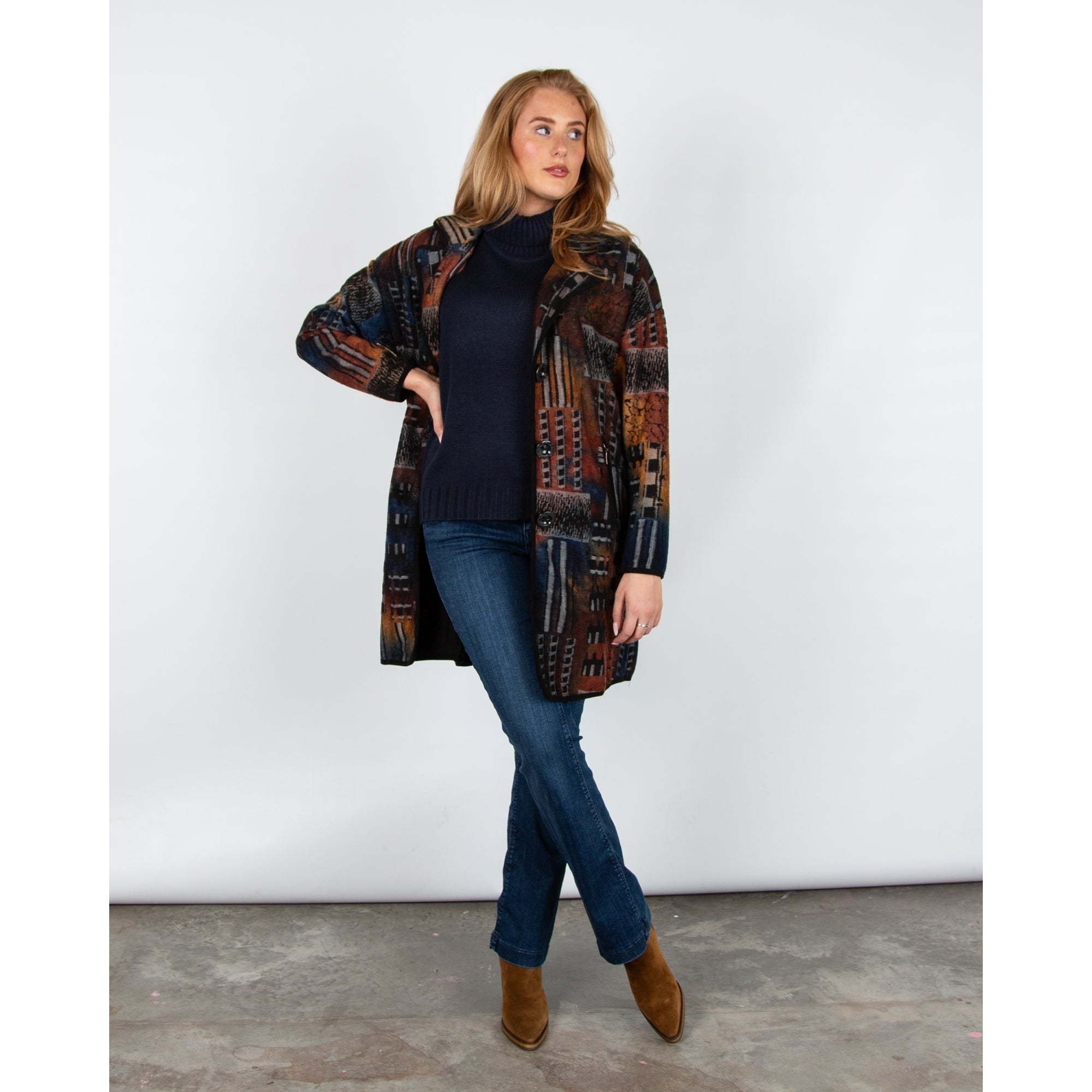 Alison Sheri Patchwork Button Down Knit Coatigan Rust/black