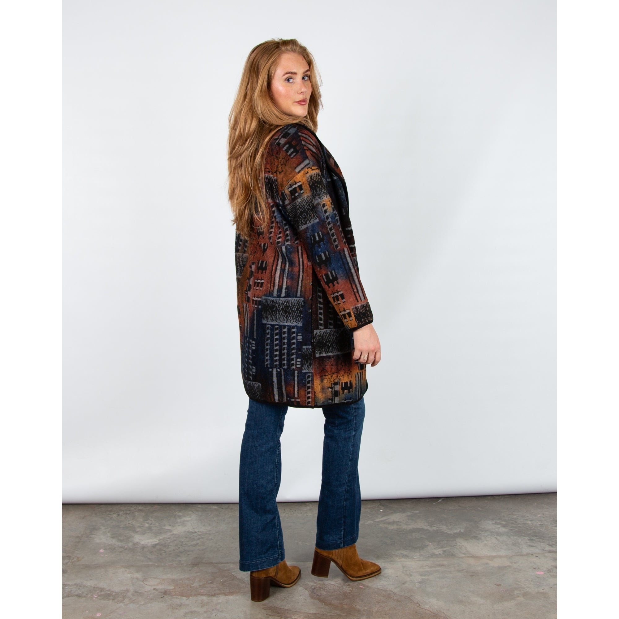 Alison Sheri Patchwork Button Down Knit Coatigan Rust/black