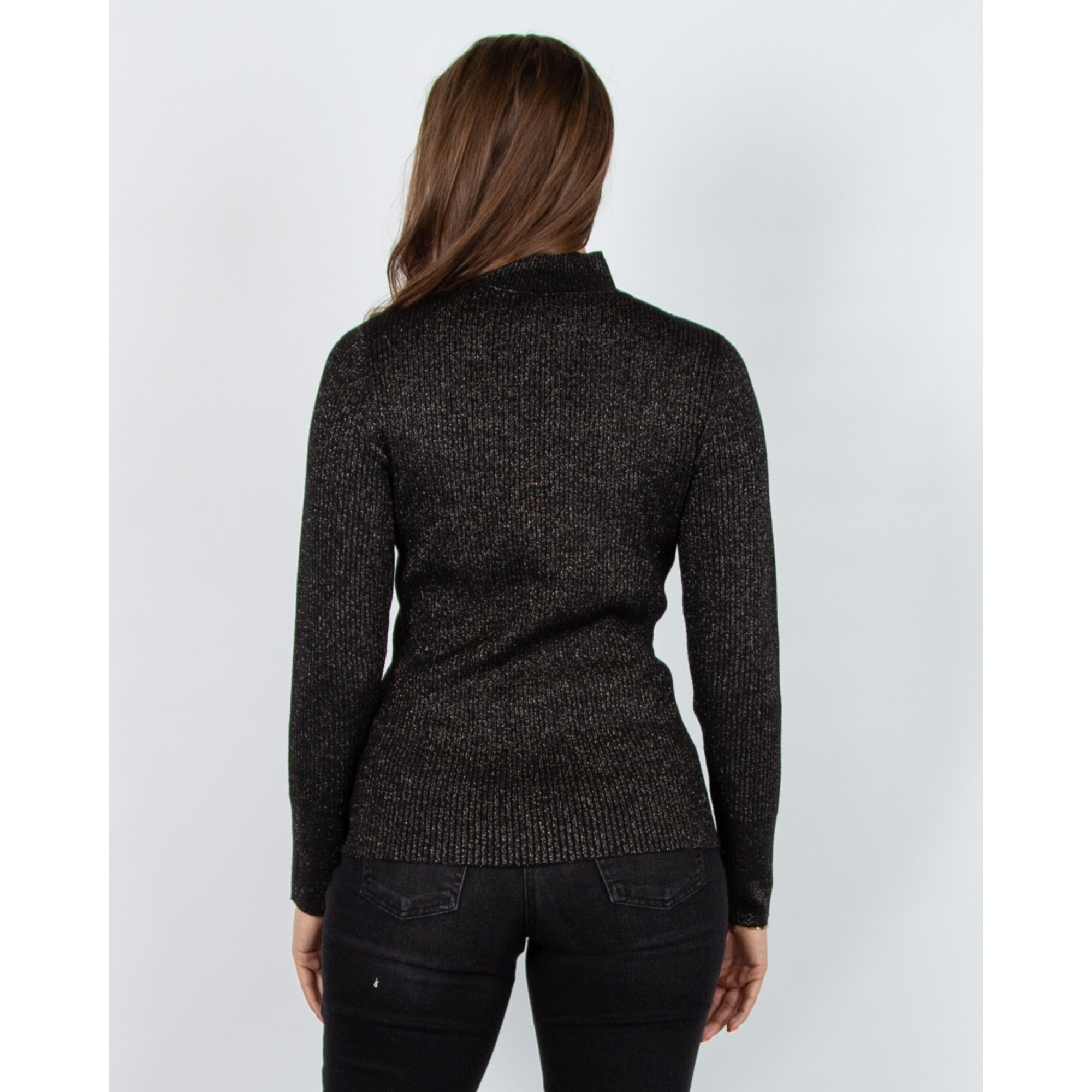 Red Button Sparkle Lurex Turtle Neck Ribbed Top Black