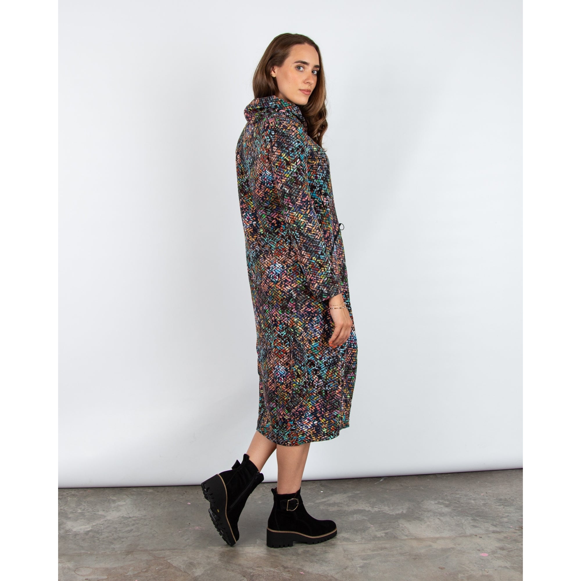 Sahara Jacquard Print Cowl Neck Jersey Bubble Dress Multi