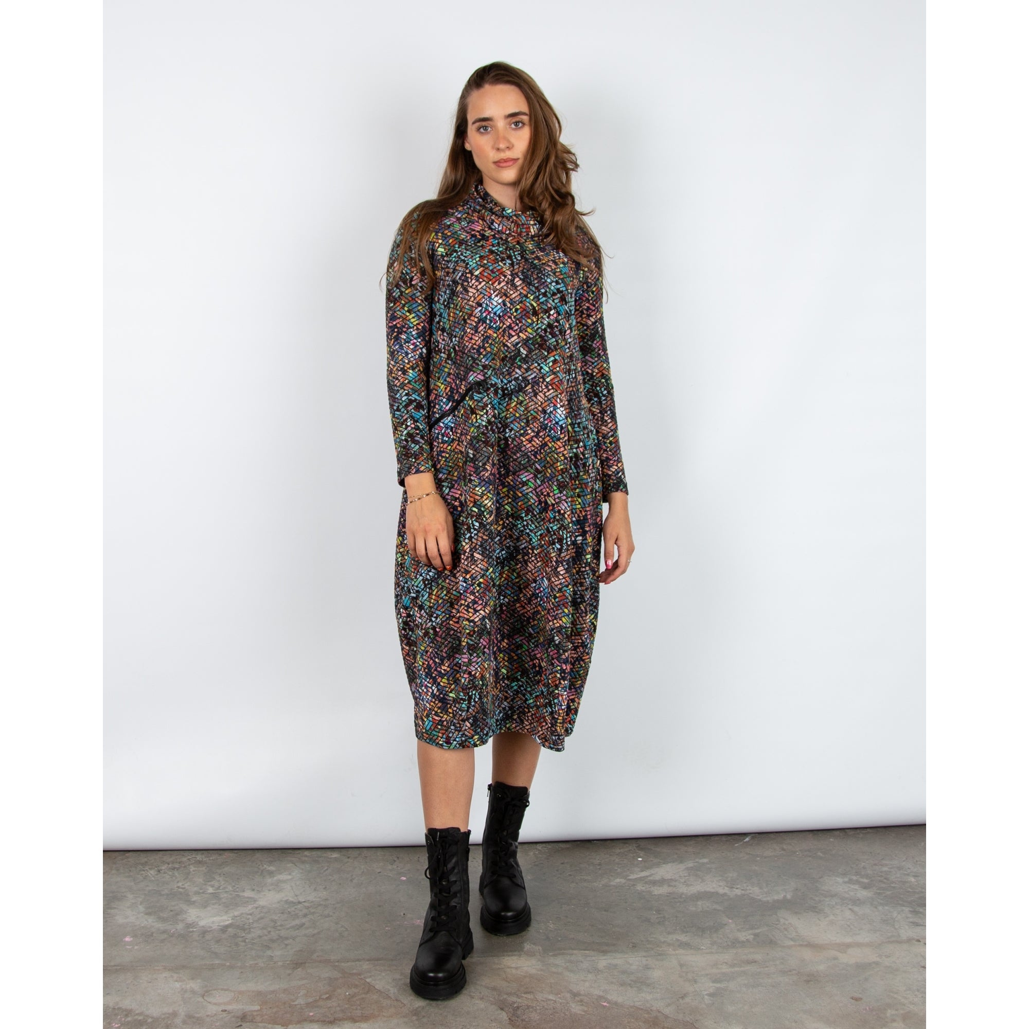 Sahara Jacquard Print Cowl Neck Jersey Bubble Dress Multi