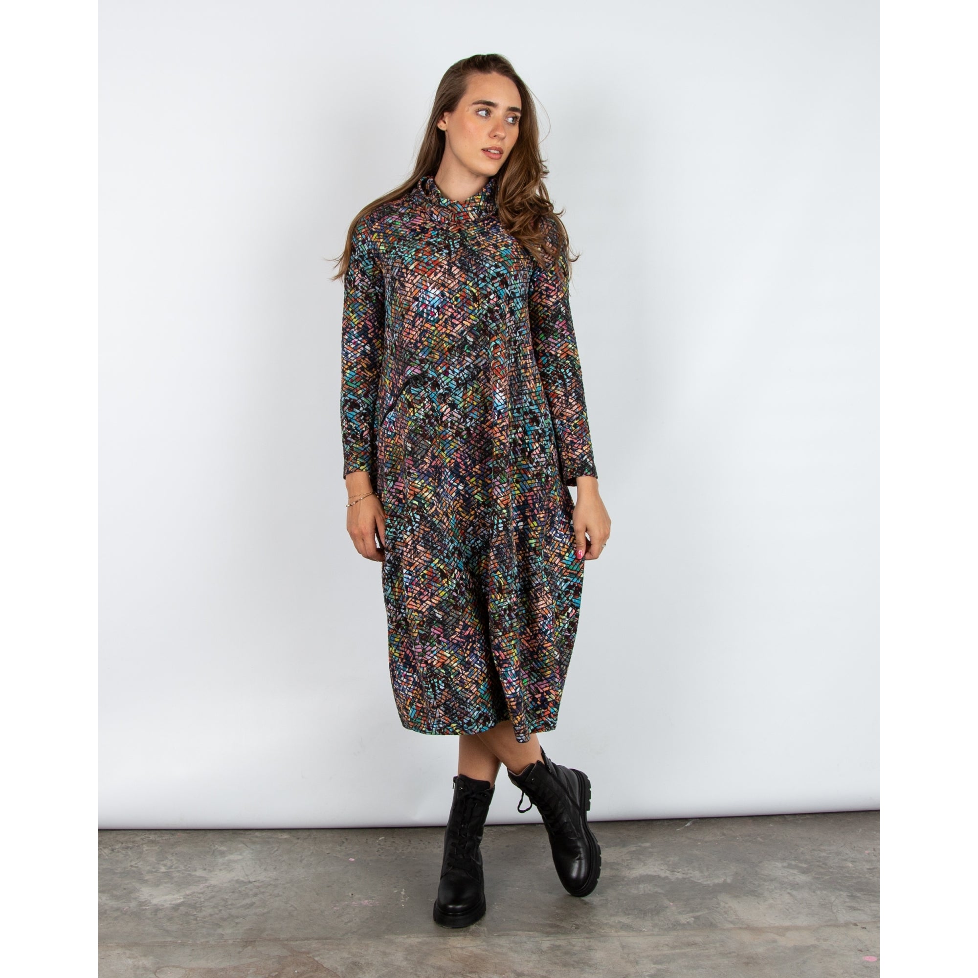 Sahara Jacquard Print Cowl Neck Jersey Bubble Dress Multi