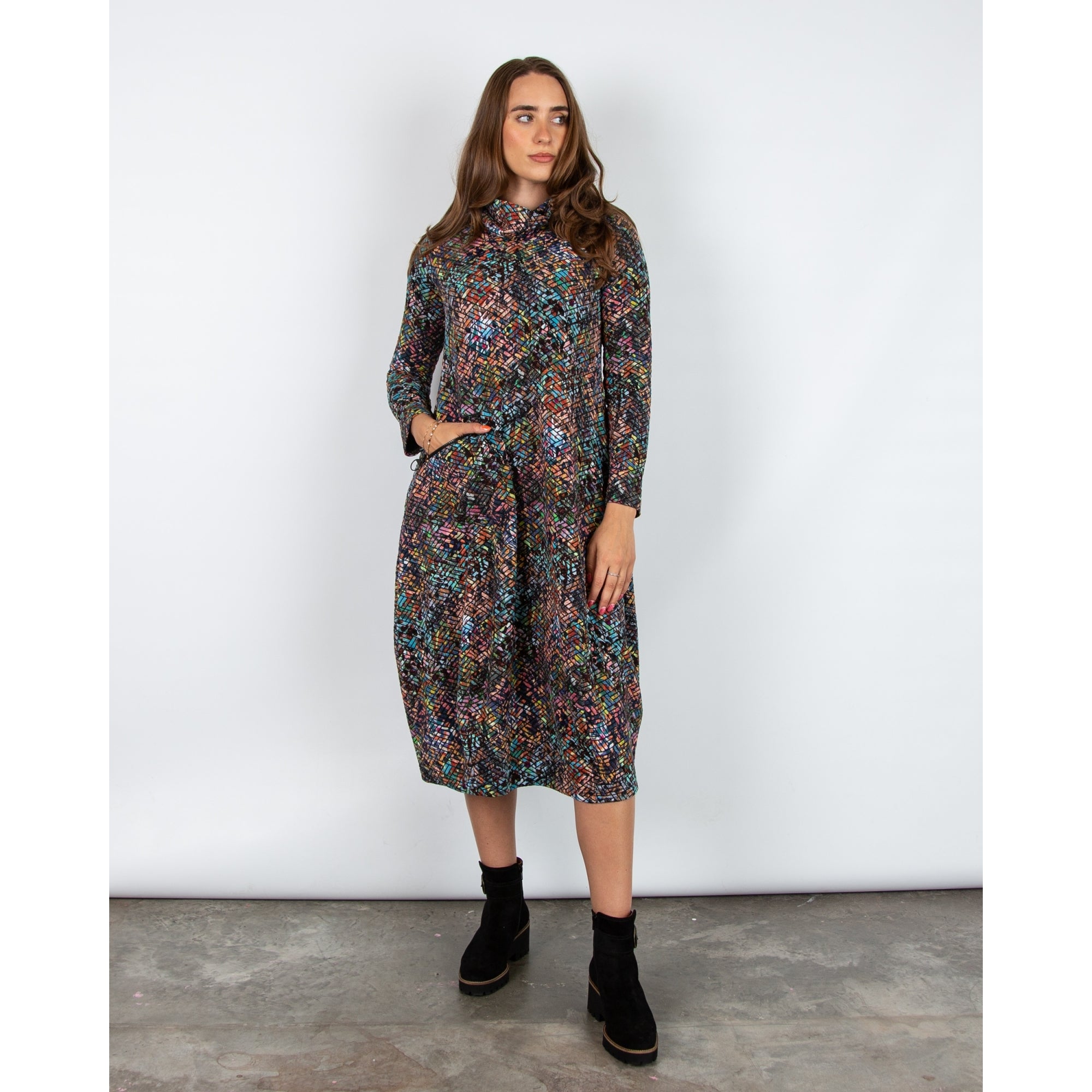 Sahara Jacquard Print Cowl Neck Jersey Bubble Dress Multi