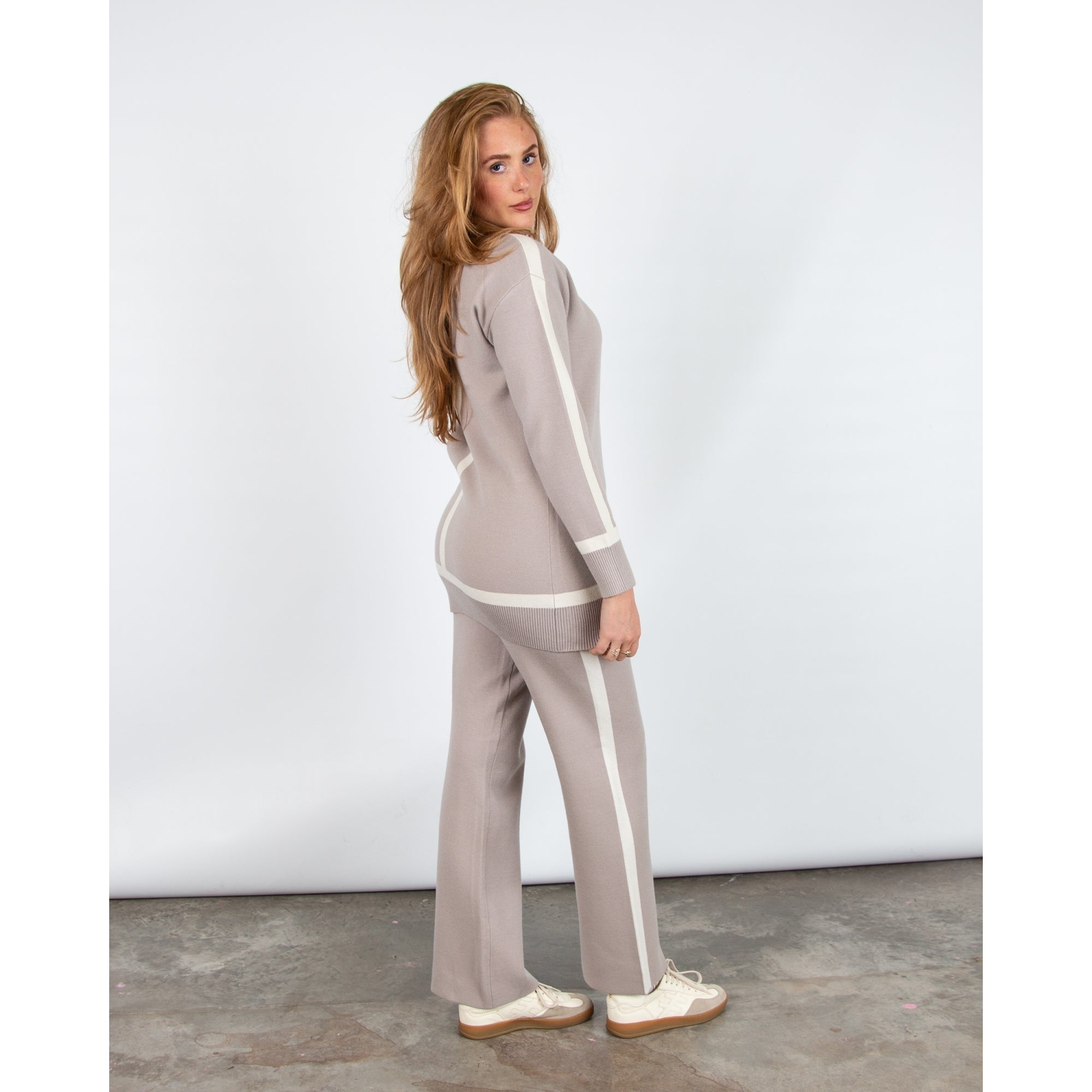 Alice Collins Poppy Side Stripe Pull On Wide Leg Knit Trousers Taupe/cream