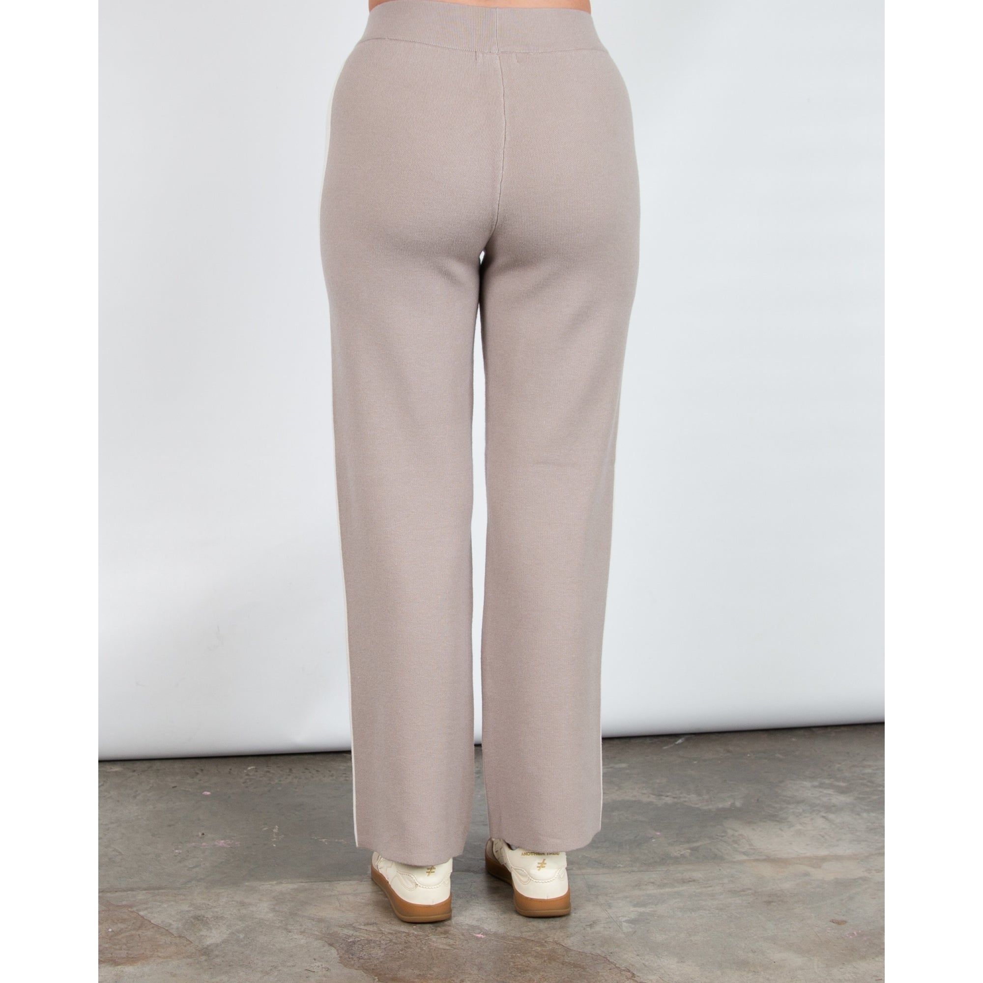 Alice Collins Poppy Side Stripe Pull On Wide Leg Knit Trousers Taupe/cream