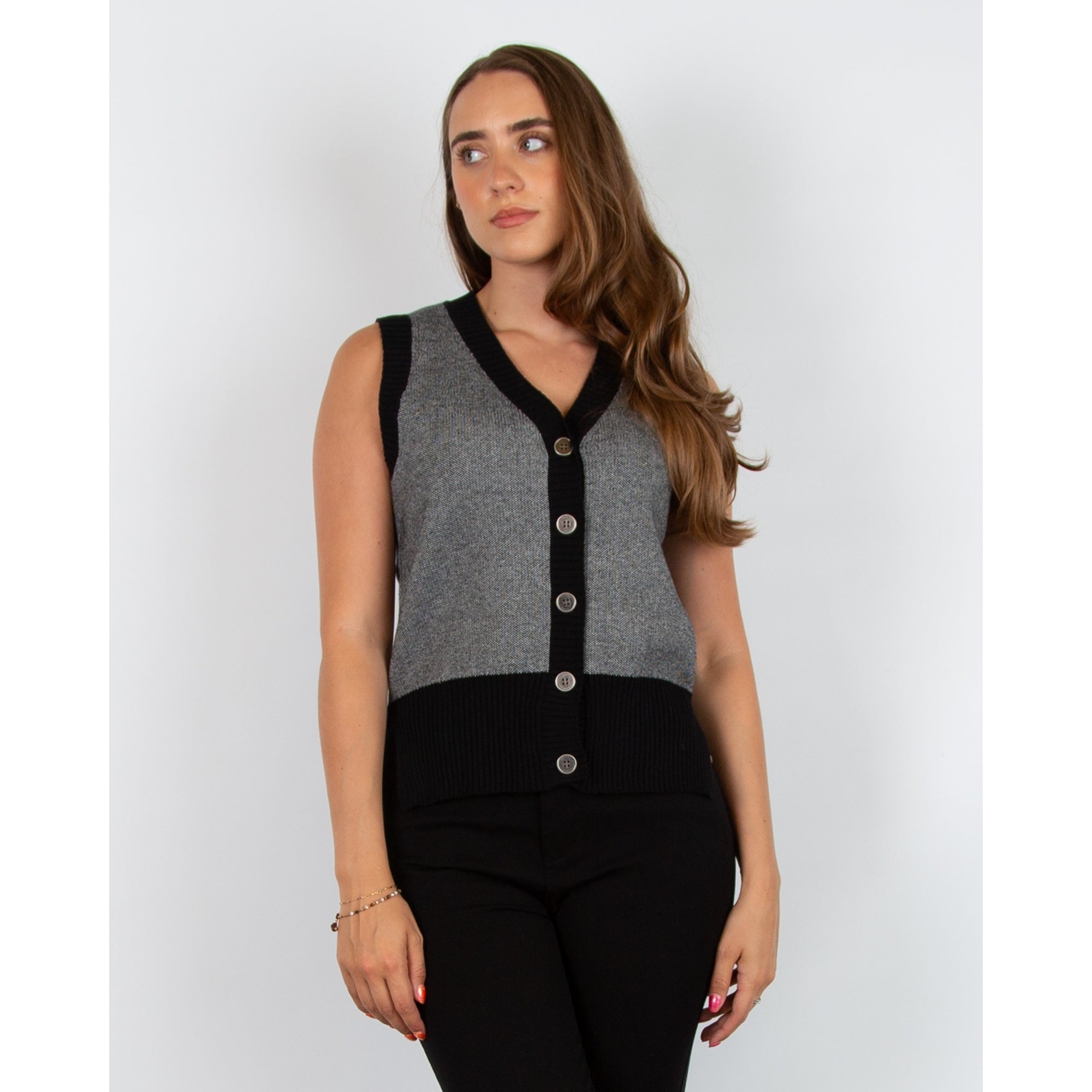 Marble Fashions V Neck Button Down Knit Waistcoat Black/grey 101